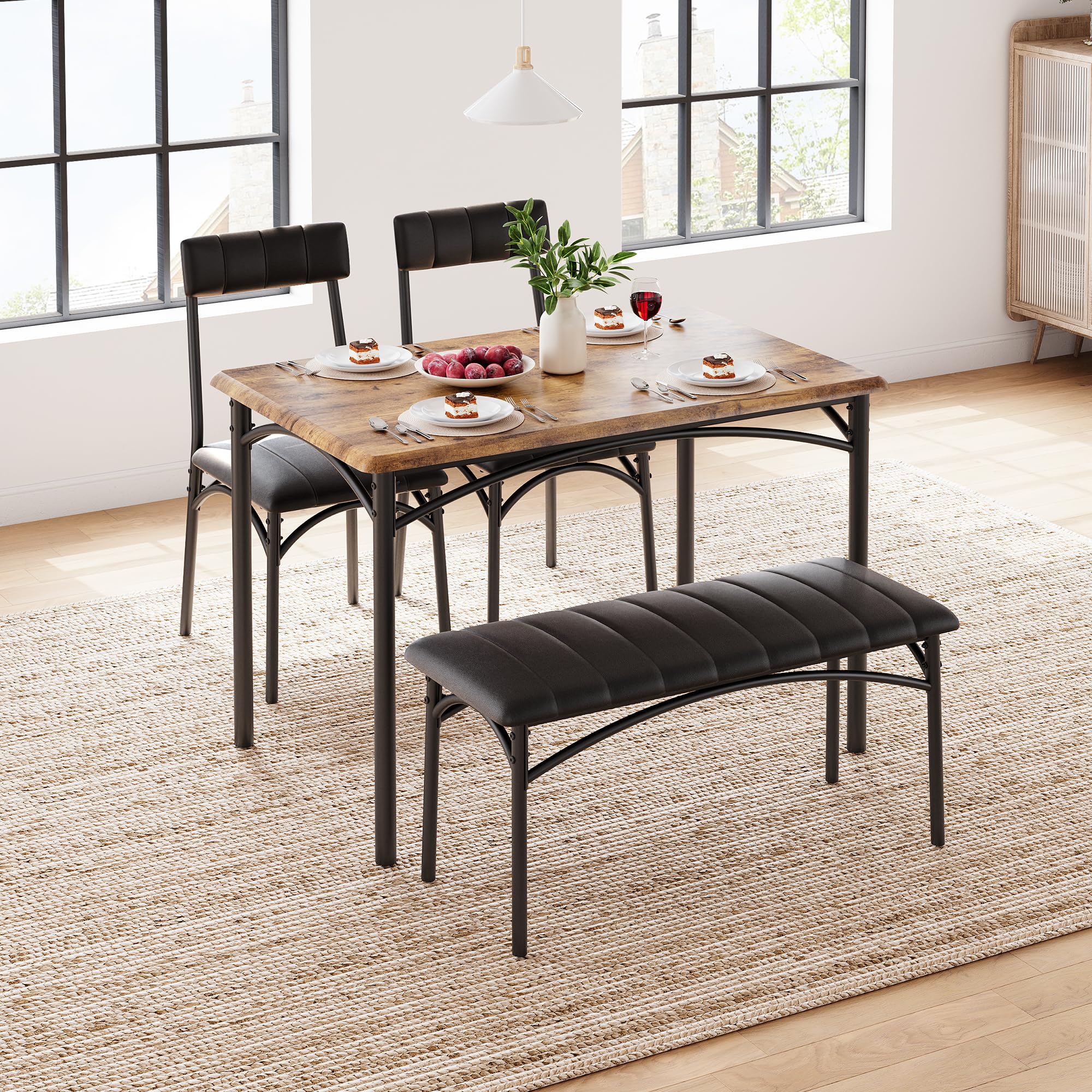 Esstisch mit 4 Stühlen Küchentisch | 110x70cm große Tischplatte | 90x35cm Bank | 43x43cm gepolsterte Sitzfläche