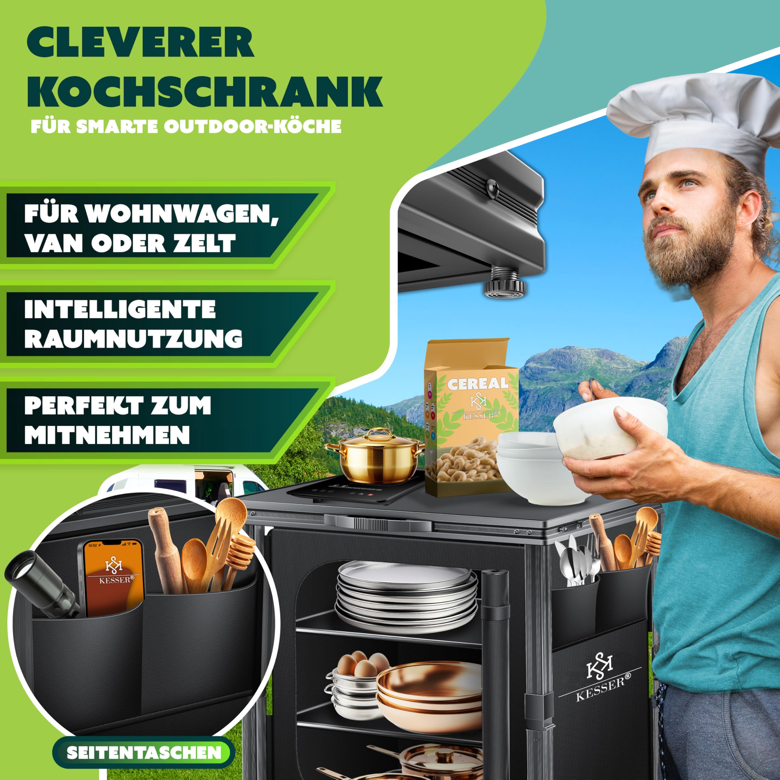 KESSER® Camping Küche faltbar | Outdoor Campingschrank 60x80cm | Küchenschrank mit Aluminiumgestell, 3 Fächer inkl. Seitentaschen & Fliegengitter | Campingküche aus UV-resistentem Stoff