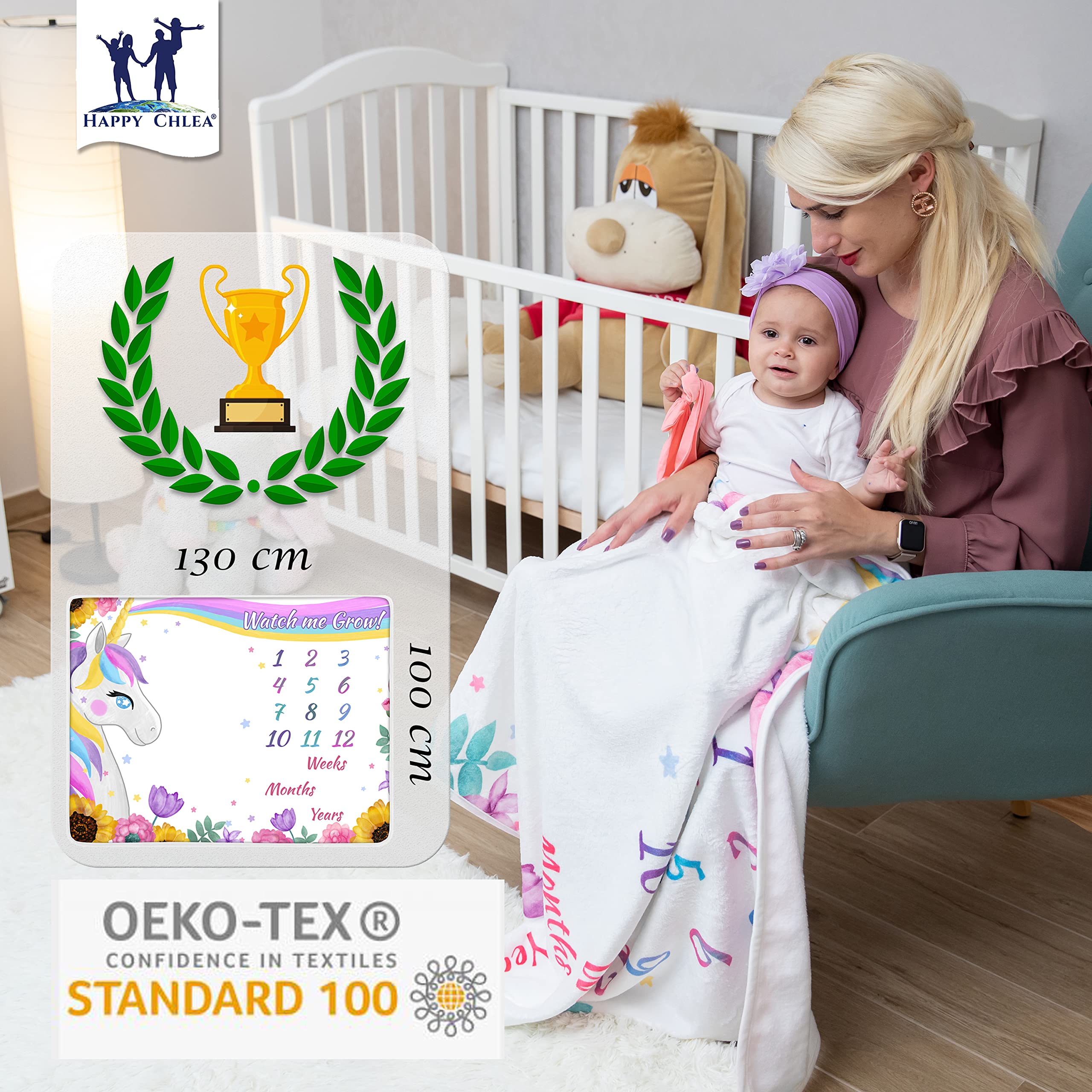 Happy Chlea® Manta Meses Bebé, Regalo de Nacimiento Original para Recién Nacido - Manta Fotográfica Infantil - Idea de Regalo Personalizados para Futuras Mamás - Certificado (Unicornio)