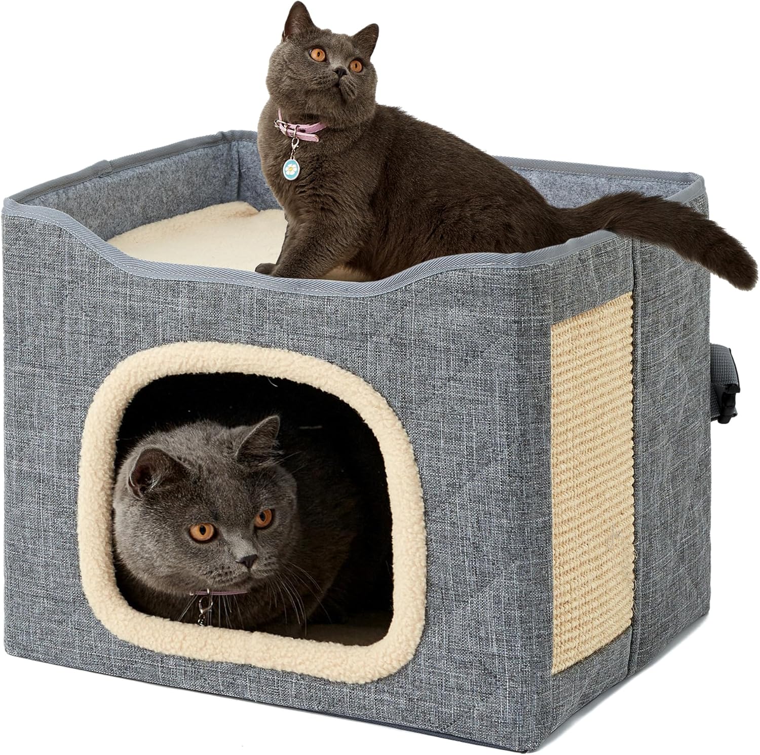 Cat Houses for Indoor Cat, Large 2-Sided Reversible Cushion Cat Condo with Safety Strap, Foldable Cat Hideway with Sisal Scratch Pad, All Seasons Pet Bed for Multi Cats,Light Grey