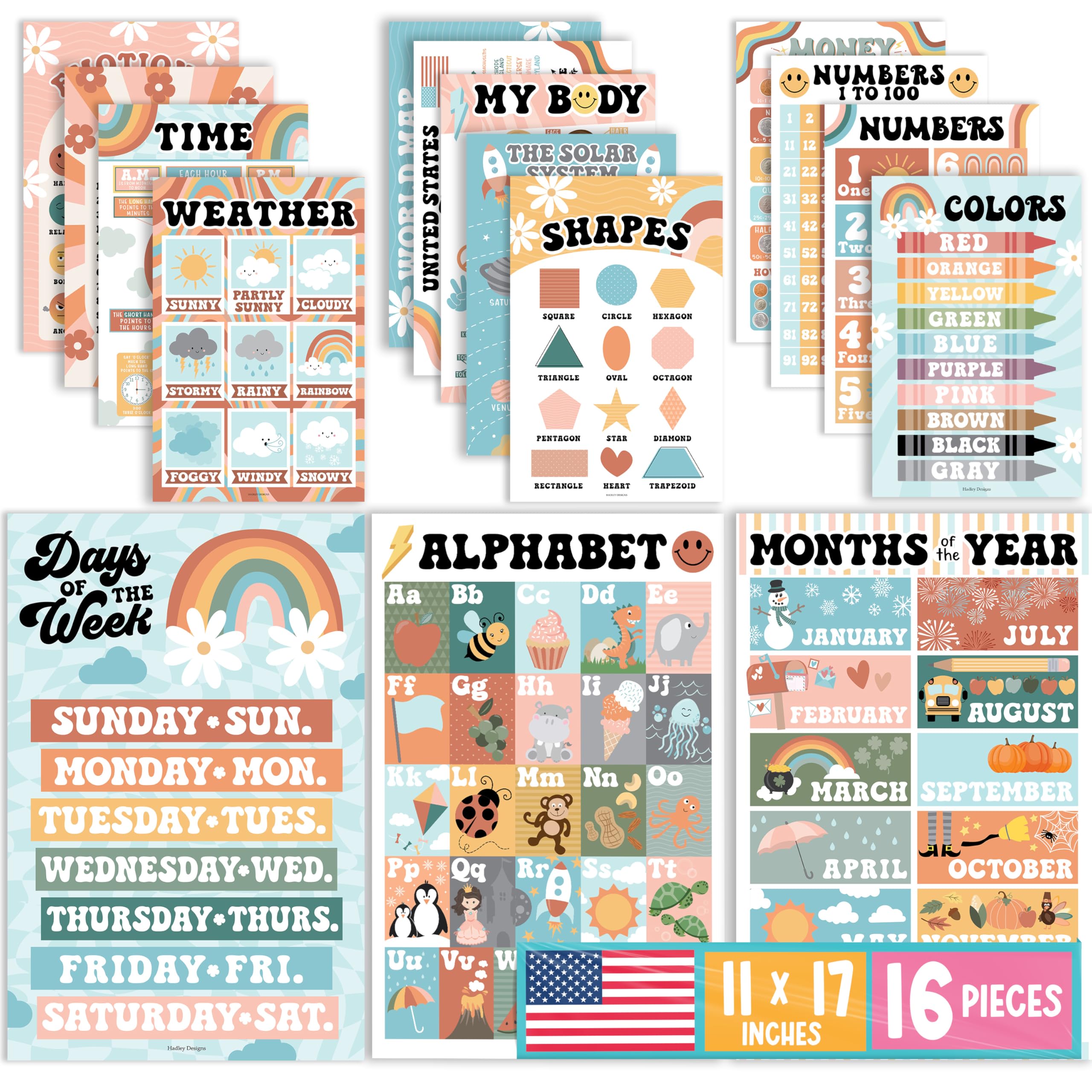 Hadley Designs 16 Educational Posters for Toddlers 1-3, Laminated Toddler Learning Posters for Preschool & Kindergarten, ABC Chart, Numbers, Colors, Shapes, Days of The Week, Retro Classroom Decor