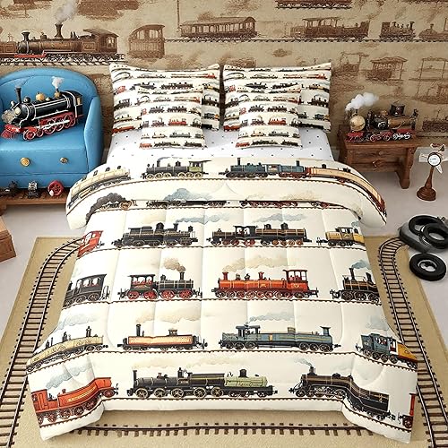 Feelyou Juego de edredón de tren vintage de 7 piezas, diseño retro de motor de vapor para niños y niñas, juego de ropa de cama retro de tren de