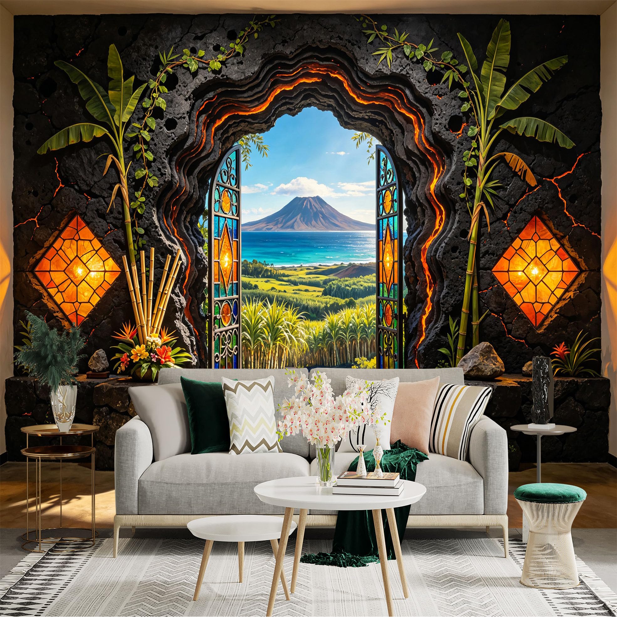 Custom Size Wall Sticker Mural， Tropical Volcano View Through Stone Archway and Stained Glass Doors， for wall Decoration， peelandstick wall Decals.