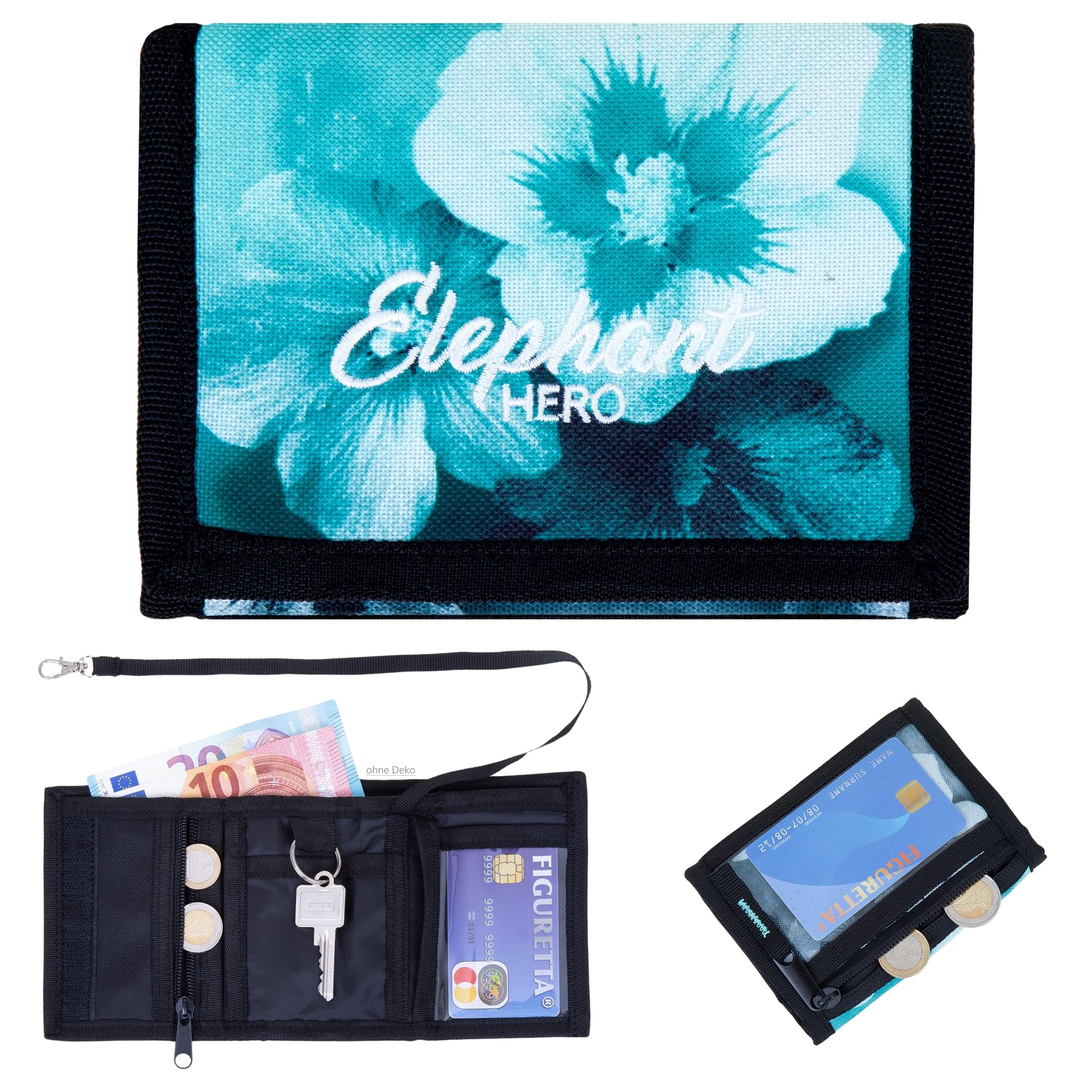 Elephant Geldbörse Kinder Portemonnaie Hero Signature Wallet Schlüsselkette Börse Mädchen Jungen Ausweishülle Geldbeutel Schülerbörse Purse (Flower Türkis Schwarz Verlauf 12801)