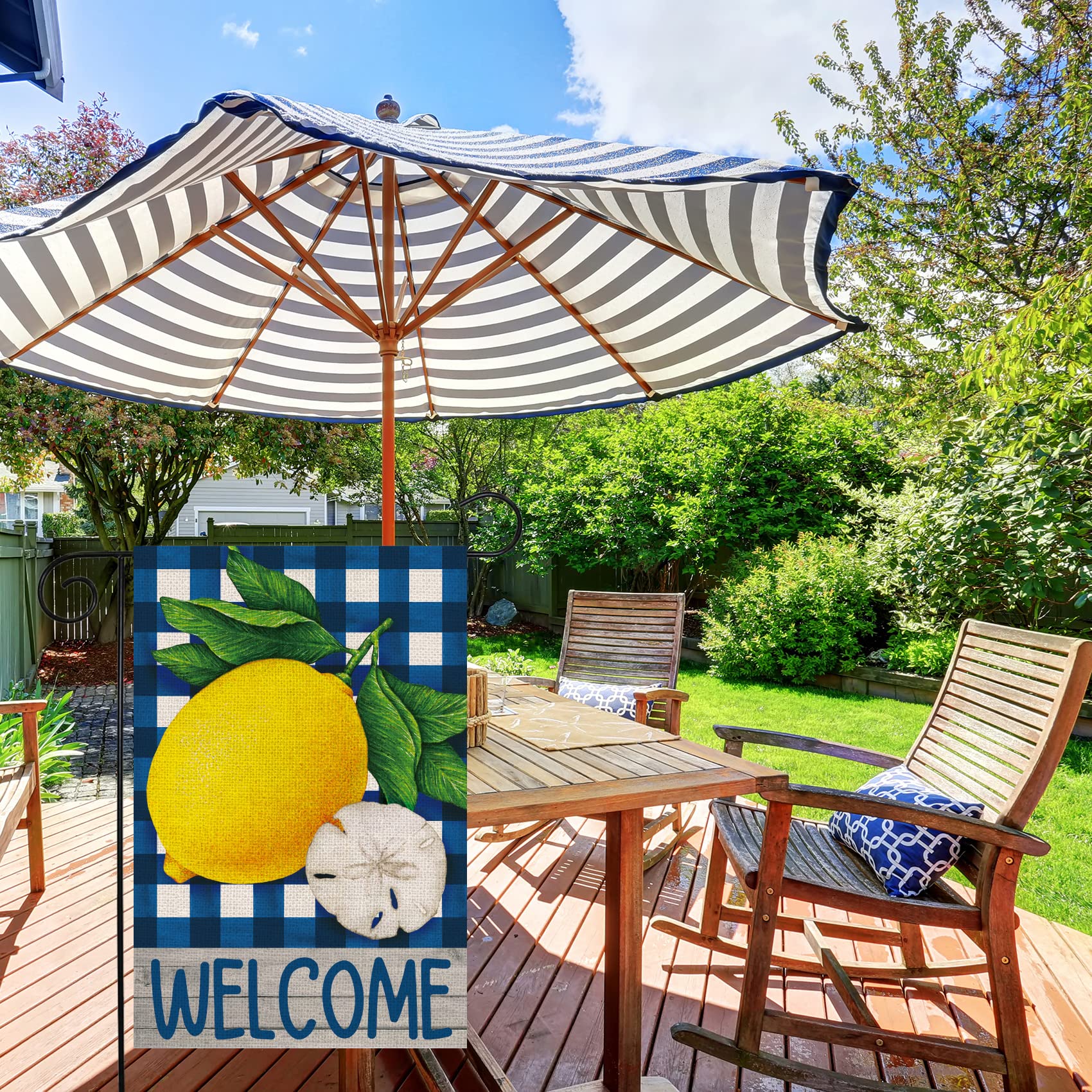 Texupday Gartenflagge „Welcome Lemon Trio“ – Doppelseitig, Sackleinen, 30,5x45,7 Cm