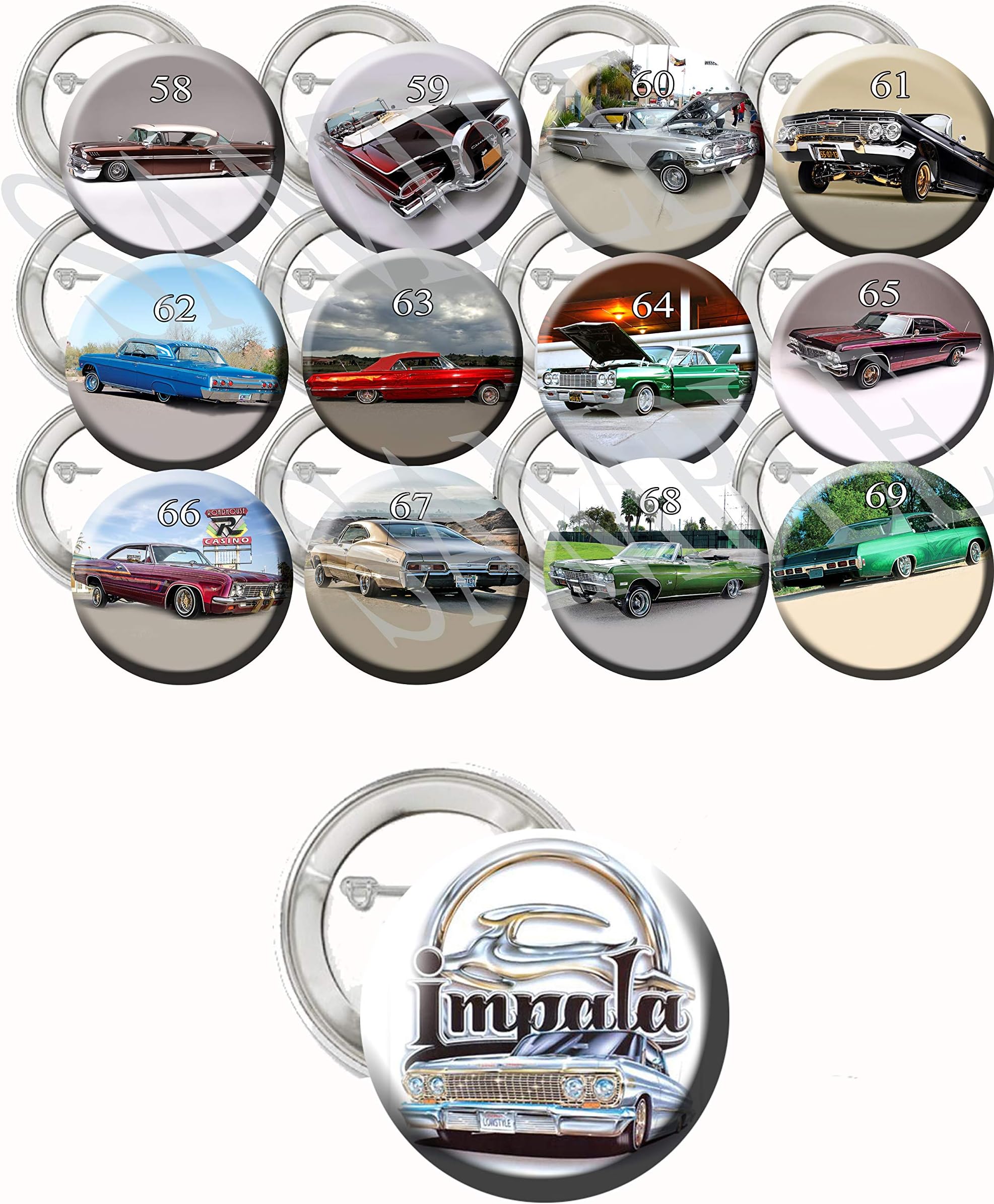 Chevy Impala Car Buttons1958-1969 Collectors Party Favors Supplies Decorations lowriders Collectible Metal Pinback Buttons, Large 2.25โ -12 Piece Set Party Decoration Favors
