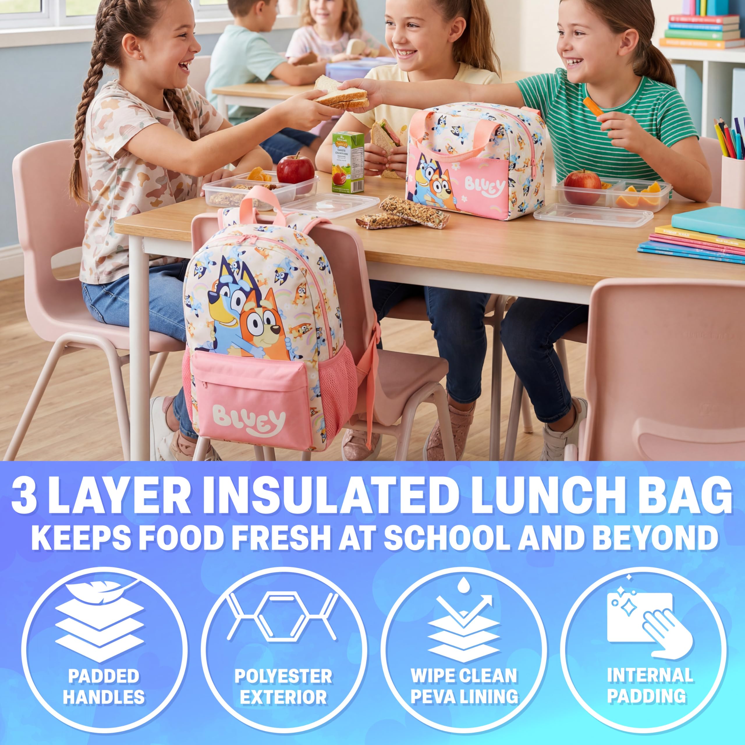 Get Trend Bluey Mochila Escolar Set de 3 Piezas con Mochila Niña, Estuche Escolar y Bolsa Isotermica Porta Alimentos (Multi Bluey)