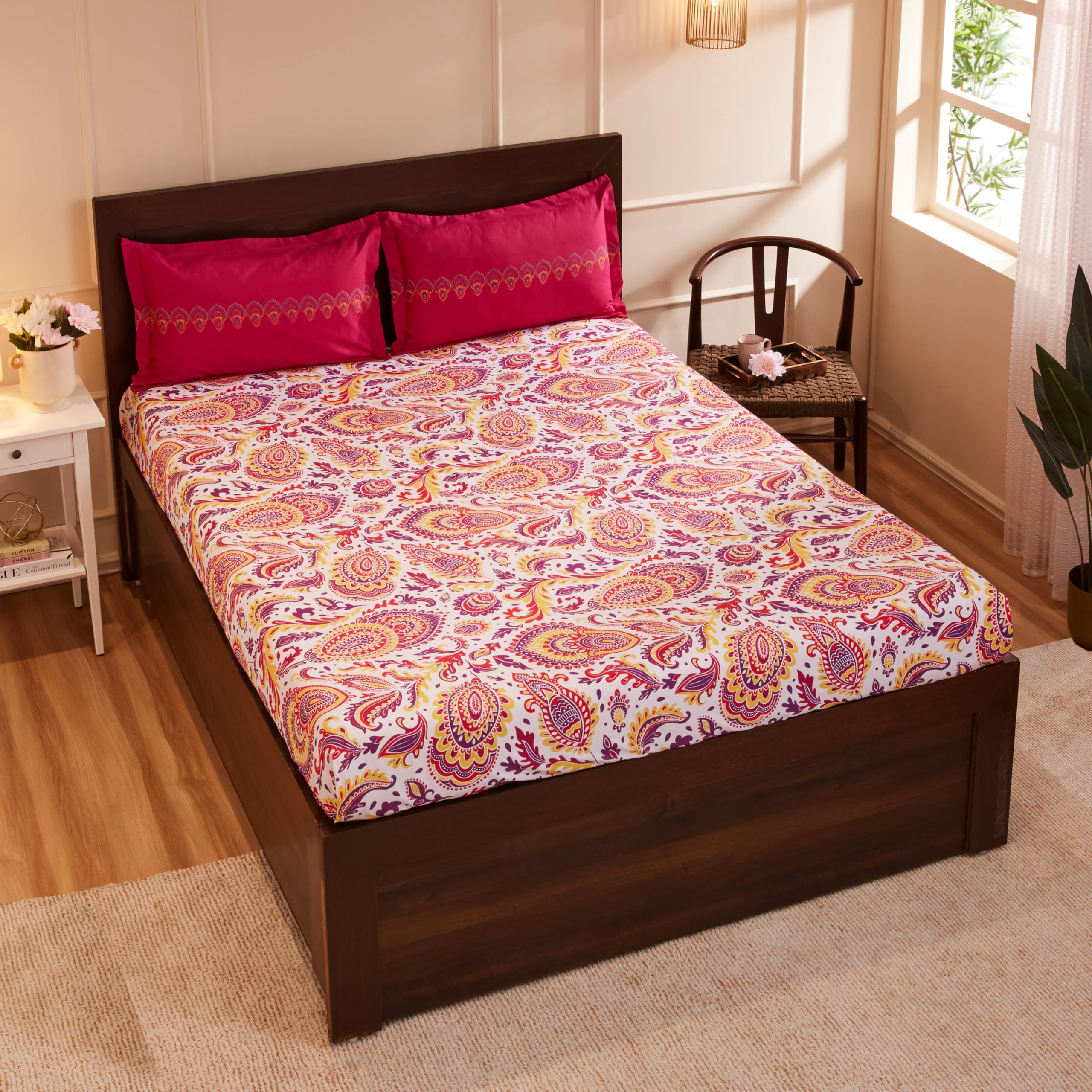 Amazon Brand - Solimo Paisley Preen 144 TC 100% Cotton Double Bedsheet with 2 Pillow Covers, Pink and Yellow-picture-22