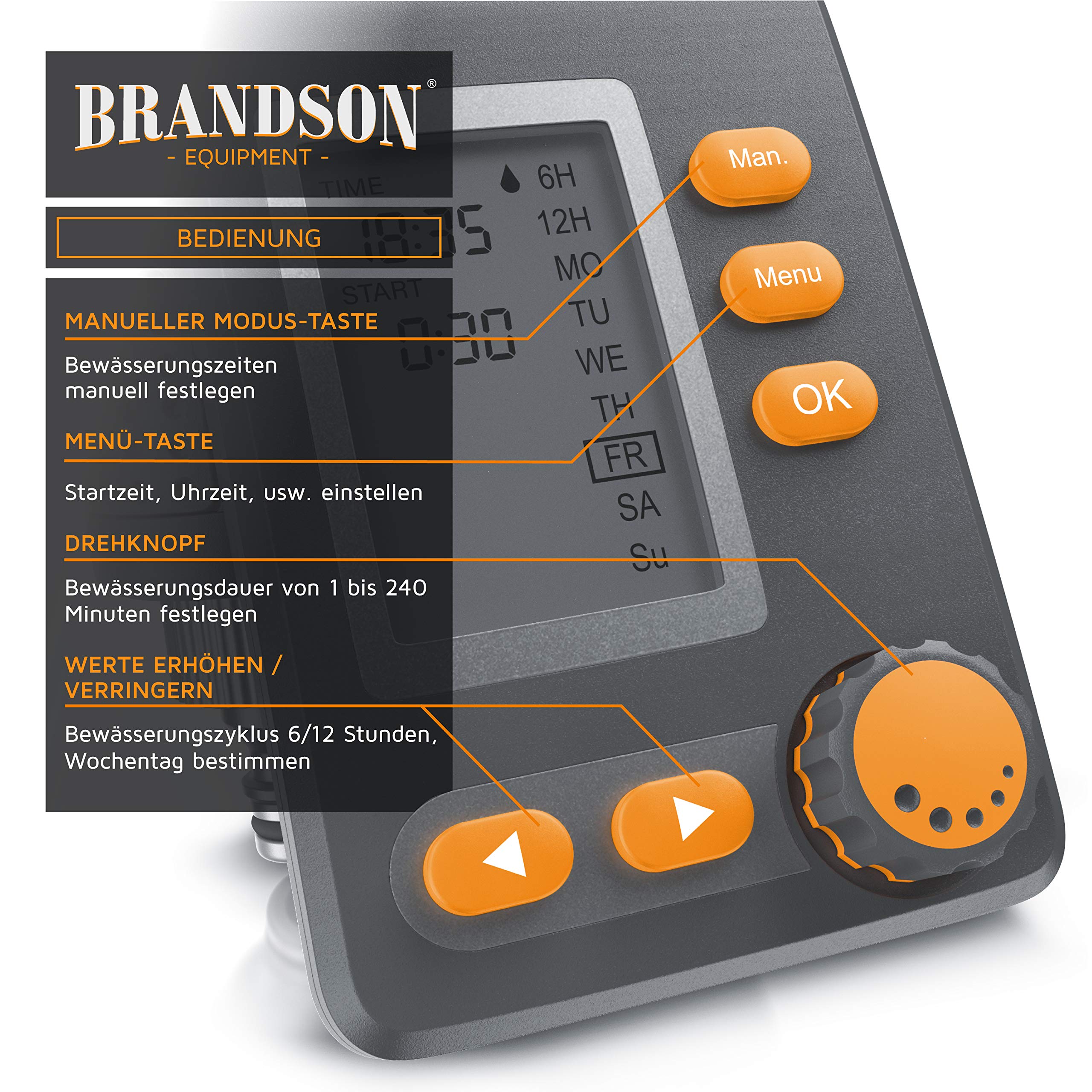 Brandson - digitaler Bewässerungscomputer mit Display - Wasserzeitschaltuhr - Bewässerungssteuerung - Bewässerungssystem – Bewässerungsprogramm 1 – 240 Minuten – Bewässerung 6h / 12h / tageweise