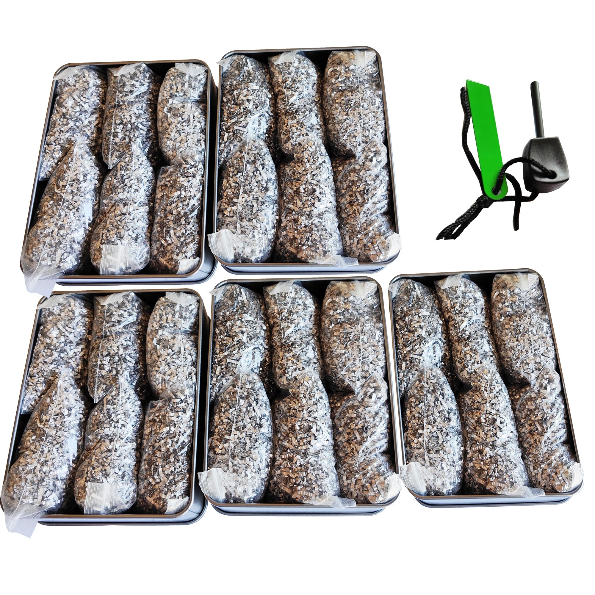 eGreen Emergency Fire Starter Magnesium Pure 6 Bags for Storm Hurricane Outages Camping Hiking Bushcraft Outdoor Survival + Free Water Proof Tin Container (30 Bags + 5 x Ferro Rods & Tin Cans)