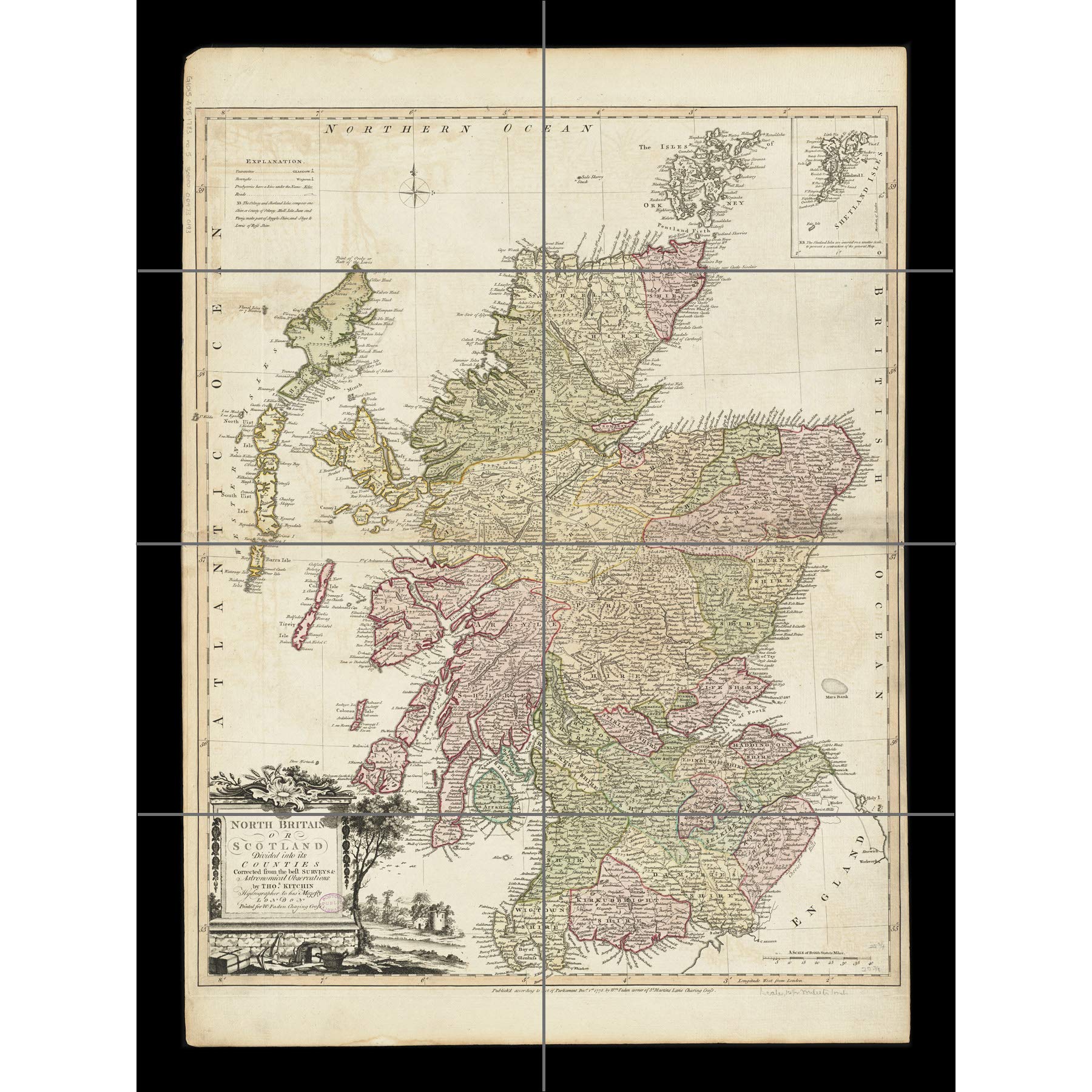 Artery8 Kitchin 1778 Map Scotland Counties North Britain XL Giant Panel Poster (8 Sections)