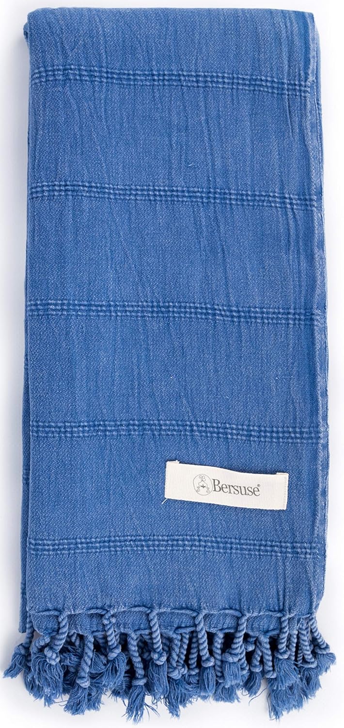 Bersuse 100% Cotton Troy Stonewashed Turkish Towel - 37x70 Inches, Blue