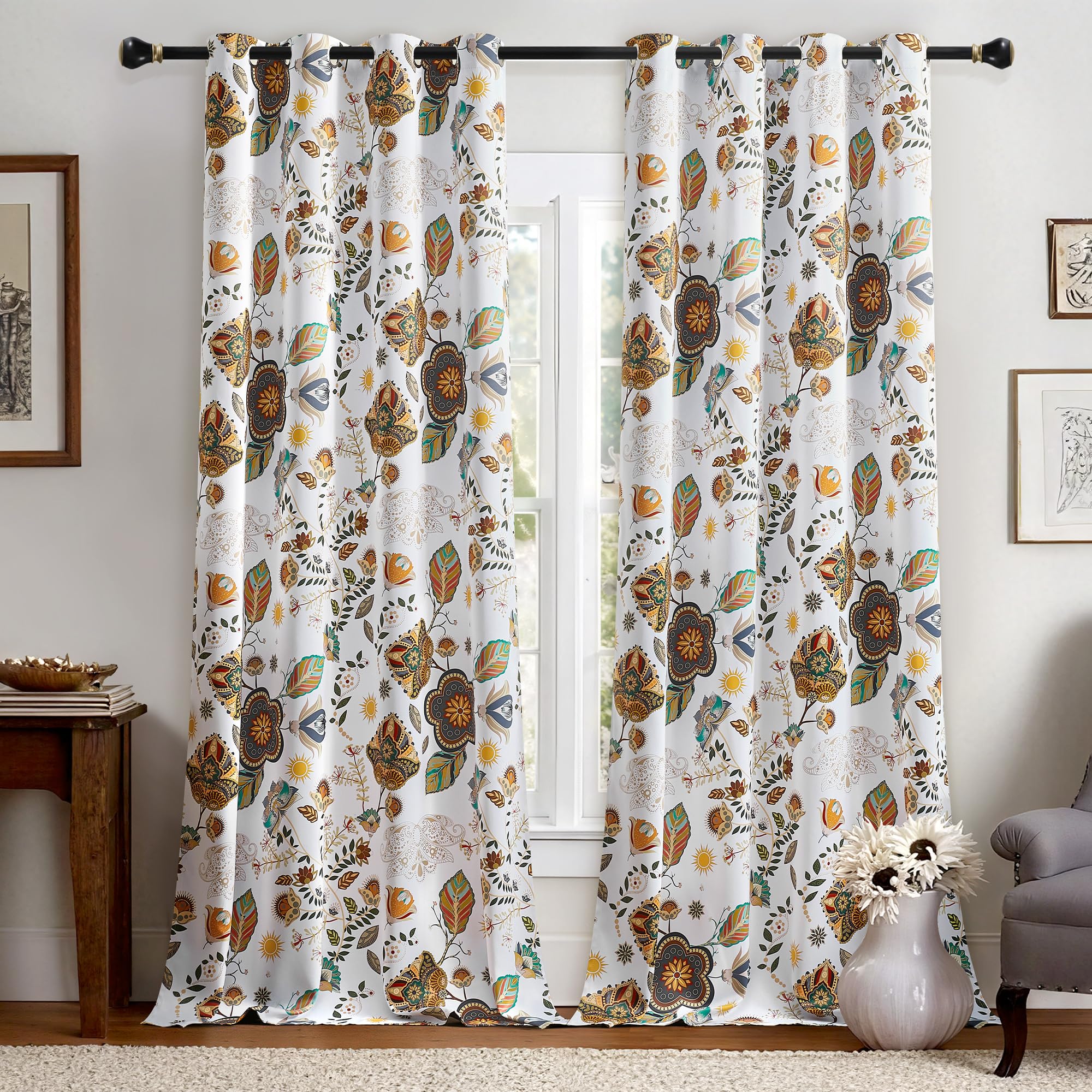 XiDi White Floarl Blackout Curtains for Bedroom 96 Inch Drop Plant Printed Boho Modern Farmhouse Vintage Eyelet Thermal Insulated Curtain Window Drapes Decor 2 Panel Sets White52/96