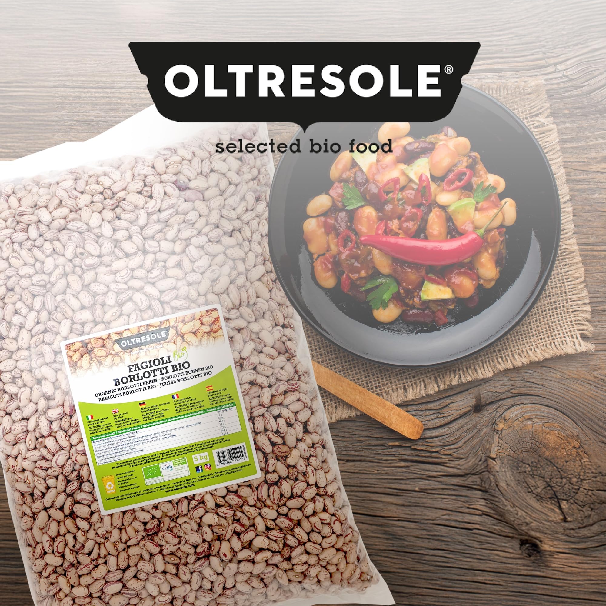 Oltresole, Fagioli Borlotti Biologici 5 Kg, Legumi Secchi Bio da Coltivazione Controllata, Ideali per Insalate, Zuppe, Minestre e Contorni, Formato Convenienza