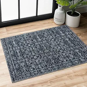 2x3 Black Washable Area Rug for Entryway, Non-Slip Soft Indoor Door Mat Distressed Floral Low-Pile Kitchen Rugs, Neutral Vintage Carpet for Entrance Farmhouse