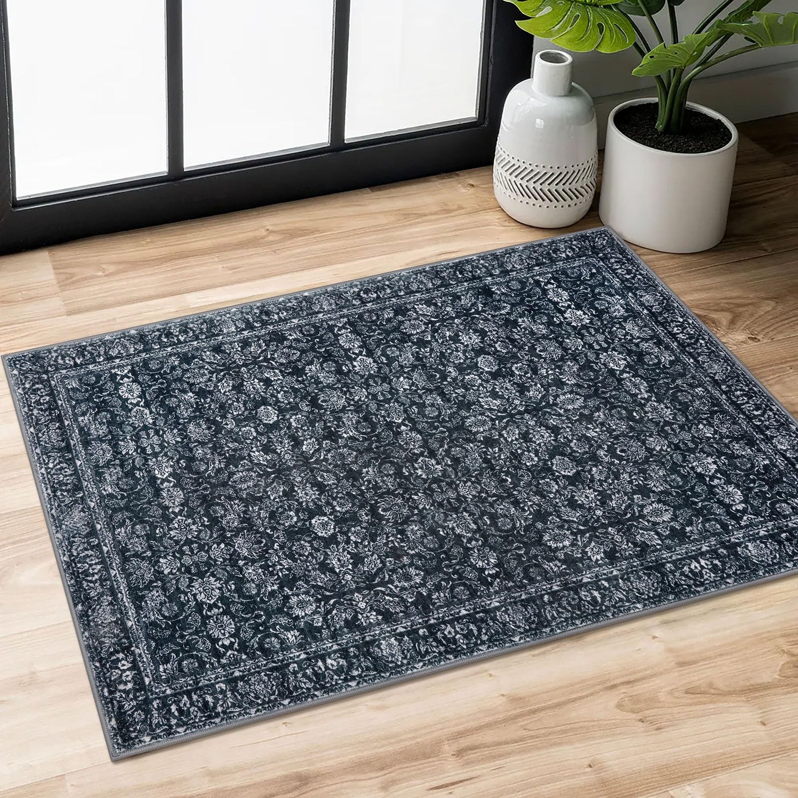 SIILOOM 2x3 Washable Area Rug for Entryway, Black Non-Slip Soft Indoor Door Mat Distressed Floral Low-Pile Kitchen Rugs, Neutral Vintage Carpet for
