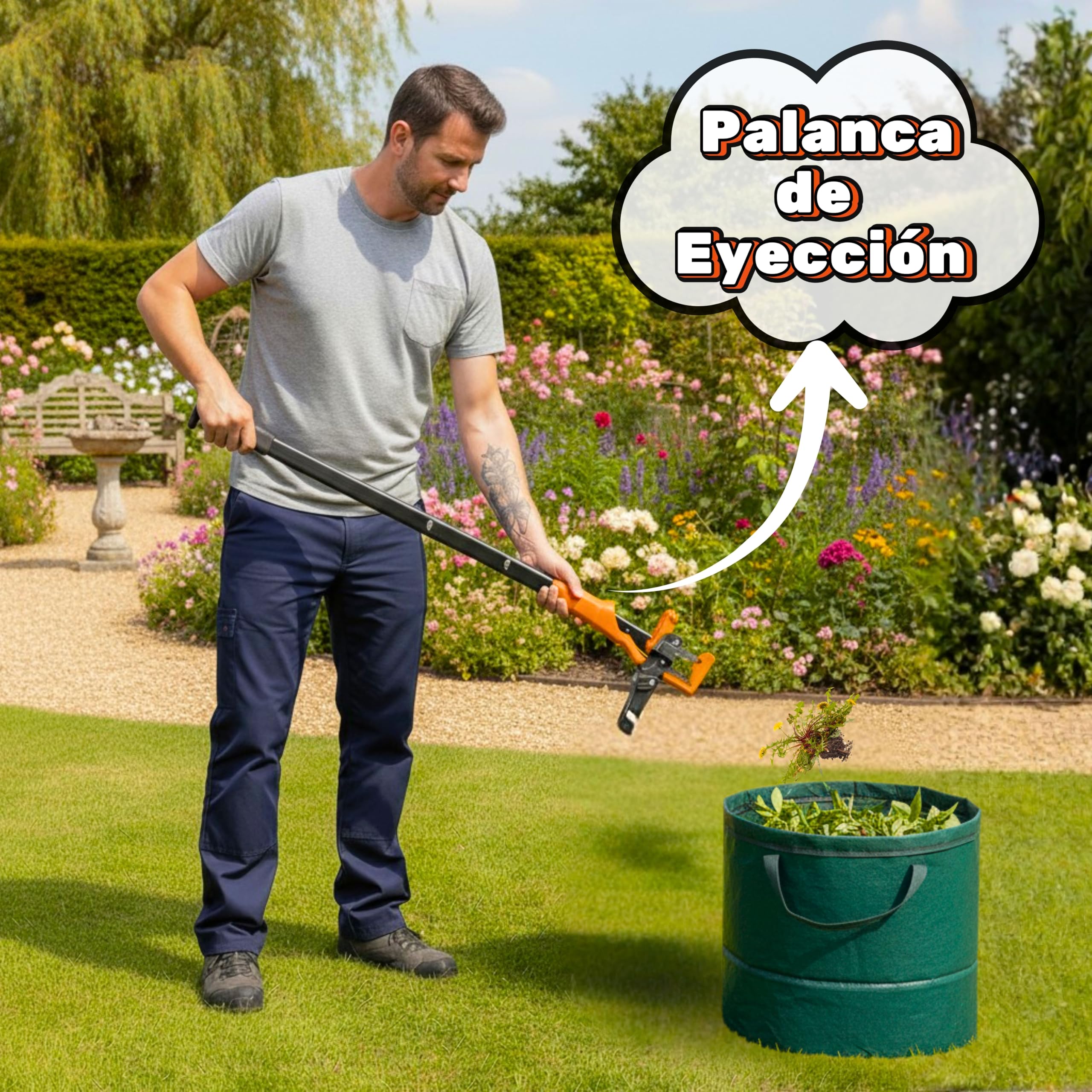 Extractor Malas Hierbas con 4 Puntas de Acero Ultrarresistente y Eyector de Plantas | Herramienta para Quitar Malas Hierbas Jardin Sin Agacharte Y Sin Esfuerzo. Deshierbador Manual Largo 100 Cm