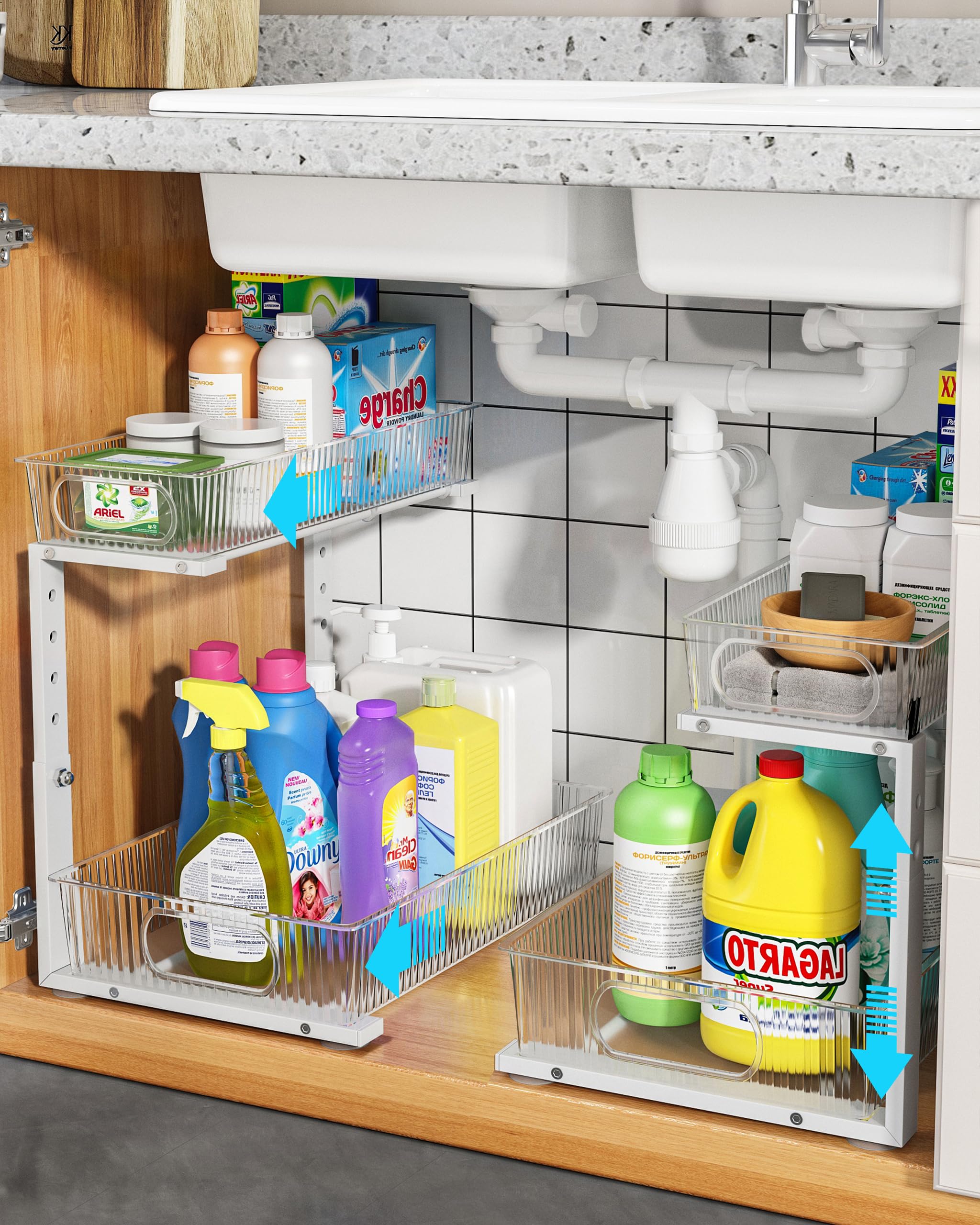 UMDONX 2 Pack Under Sink Storage Pull Out Drawers-5 Height Adjustable Option,With 4 Non-Slip Suction Cups And 2 Adhesive Strips-For Kitchen Bathroom Pantry Cabinet Organization -White