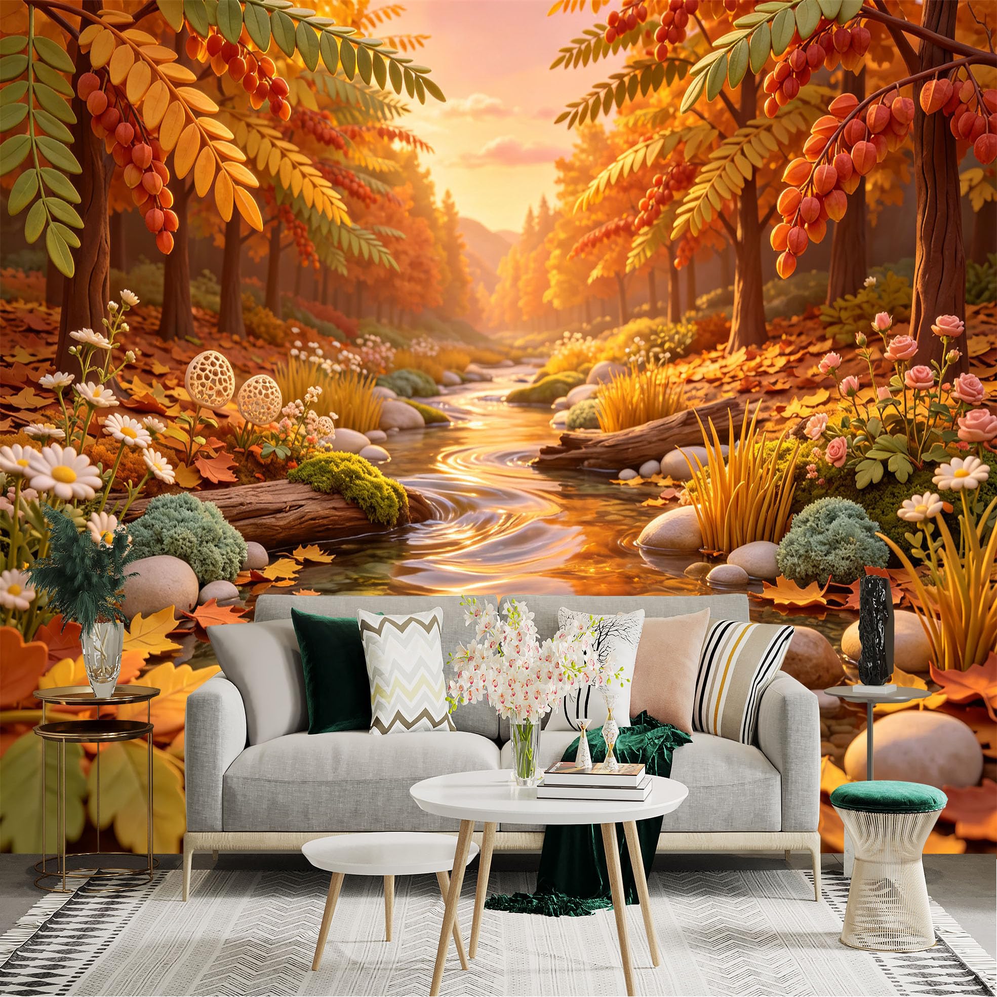 Lnzczhyre Bh260719122 Custom Size Wall Sticker Mural， Autumnal River Landscape， Sunset Forest Scenery， Vibrant Fall Foliage， For Wall Decoration， Peelandstick Wall Decals.