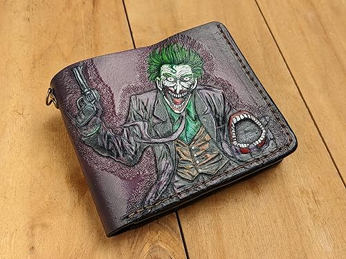 Miniatura 5 de Men's 3D Genuine Leather Wallet, Hand-Carved, Hand-Painted, Leather Carving, Custom wallet, Personalized wallet, Joker, Laugh HA HA HA, Smile, Face,