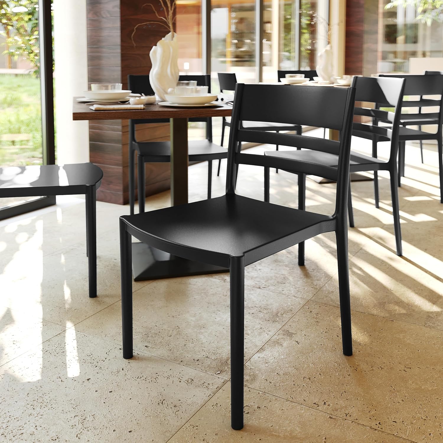 Flash Furniture Bridgeport Slat Back Patio Chair with Contoured Seat, Commercial All-Weather Stacking Resin Chair, UV Resistant, Indoor-Outdoor, Black, Set of 4