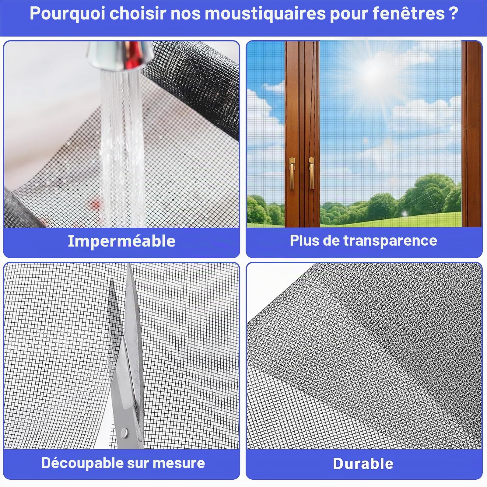Moustiquaire de fenêtre 150x400 cm - Fibre de verre - Protection contre les insectes - Moustiquaire et grille de fenêtre - Robuste - Protection pour chats - Moustiquaire en gaze découpable pour