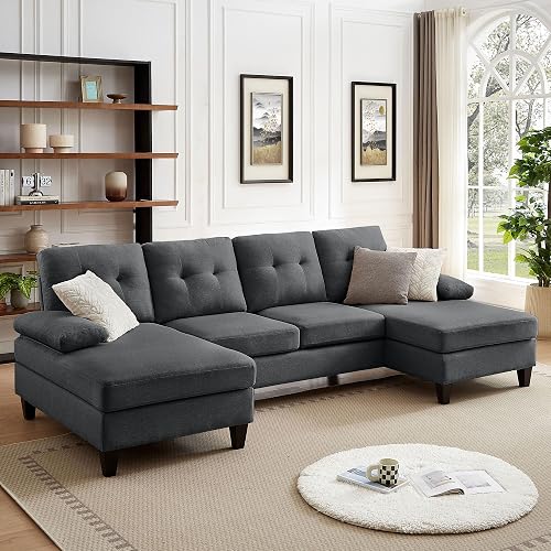 Sectional Couches for Living Room, Modern Linen Fibre U Shaped Sofa Couch with Double Chaise, Upholstered 4 Seater Sofa for Living Room, Apartment, Office, Grey