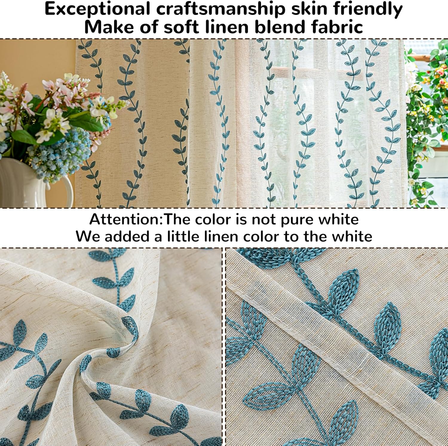 AmHoo 2 Panels Linen Leaf String Floral Embroidered Semi Sheer Curtain Farmhouse Voile Curtains for Living Room Bedroom Window Treatment Teal 52 x 84 Inch