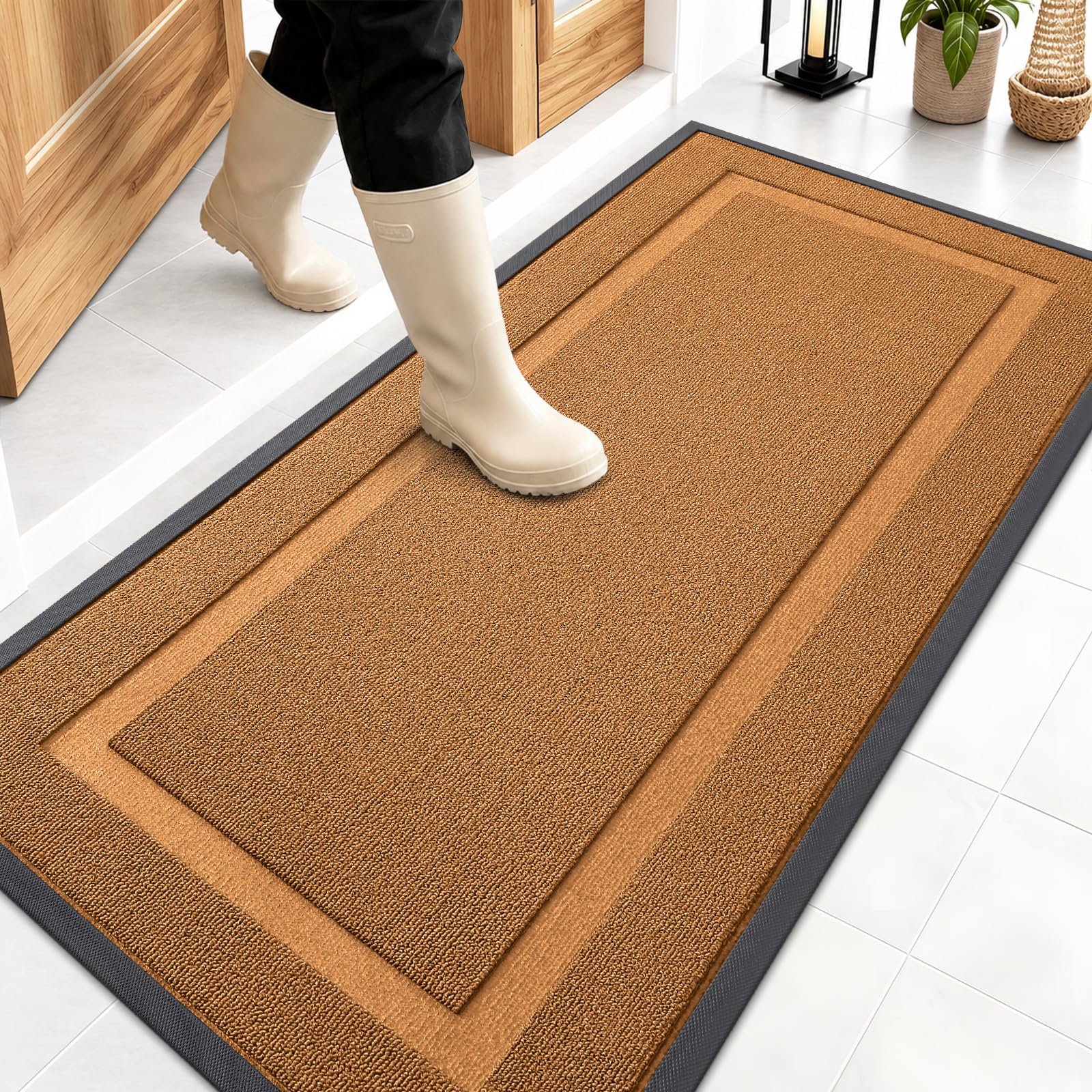 OLANLY Front Door Mat Outside 47x23, All-Season Heavy-Duty Rubber Doormat | Tangerine Orange, Absorbent, Stain and Fade Resistant, Non-Slip Backing, Low-Profile Indoor Outdoor Floor Mat for Entryway