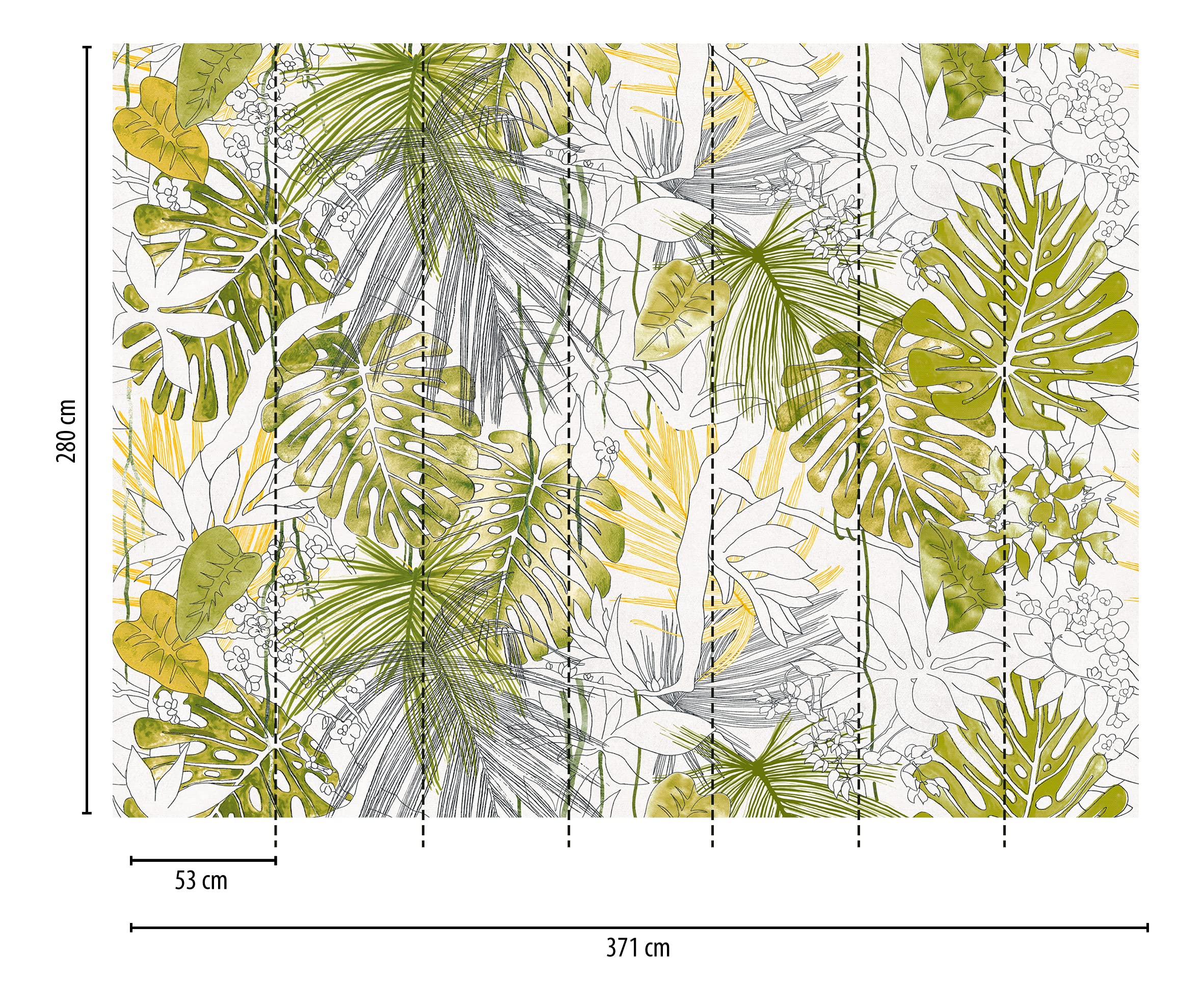 Livingwalls Tapeta z dżungli, zielona, biała, naturalna, fototapeta, liście 382321, nowoczesna tapeta na fizelinie 3,71 x 2,80 m, wyprodukowano w Niemczech