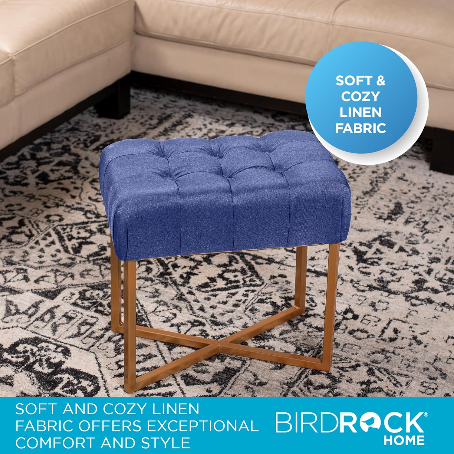 BIRDROCK HOME Rectangular Tufted Foot Stool Ottoman with Soft Padded Cushion - Versatile Vanity Chair for Bedroom, Living Room, Bathroom - Compact Seating for Adults - Blue with Pale Gold Metal Legs
