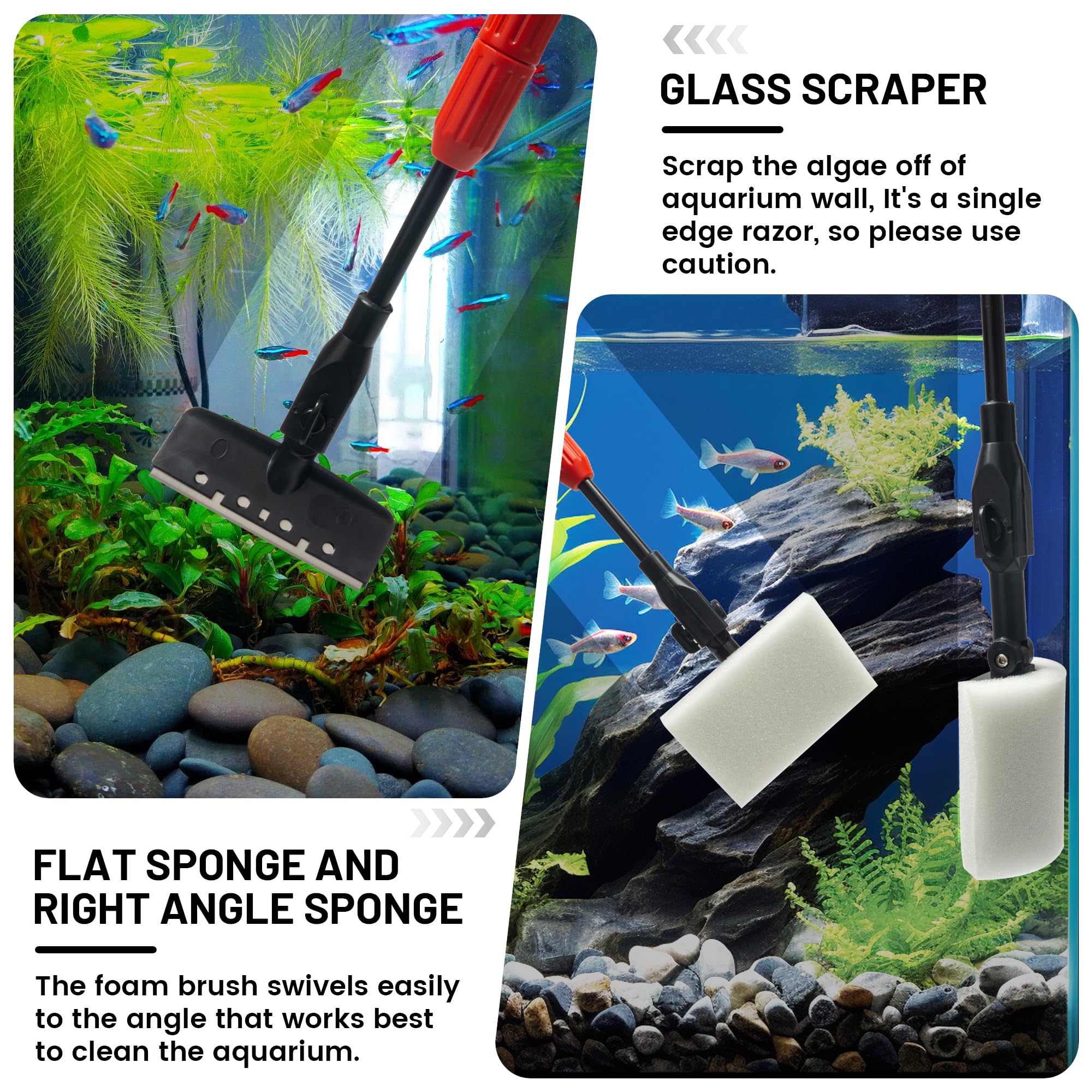 Limpiador de cristales de acuario, removedor de algas 7 en 1 para pecera, kit de limpieza de acuario con mango largo, red de acuario, raspador de algas, cepillo de esponja