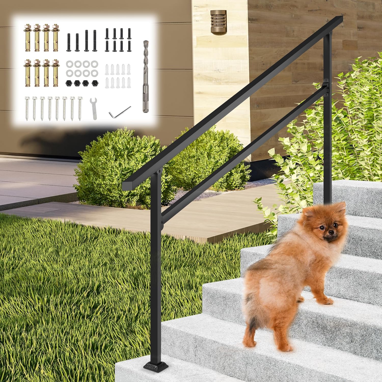 Hand Rails for Outdoor Steps, Adjustable 3 Step Handrail, Indoor Stair Railing Kit, Black Railings for Outdoor Steps, Handrails for Seniors for Porch Railing, Deck Hand Rail(1-5 Step) 5 Step Black