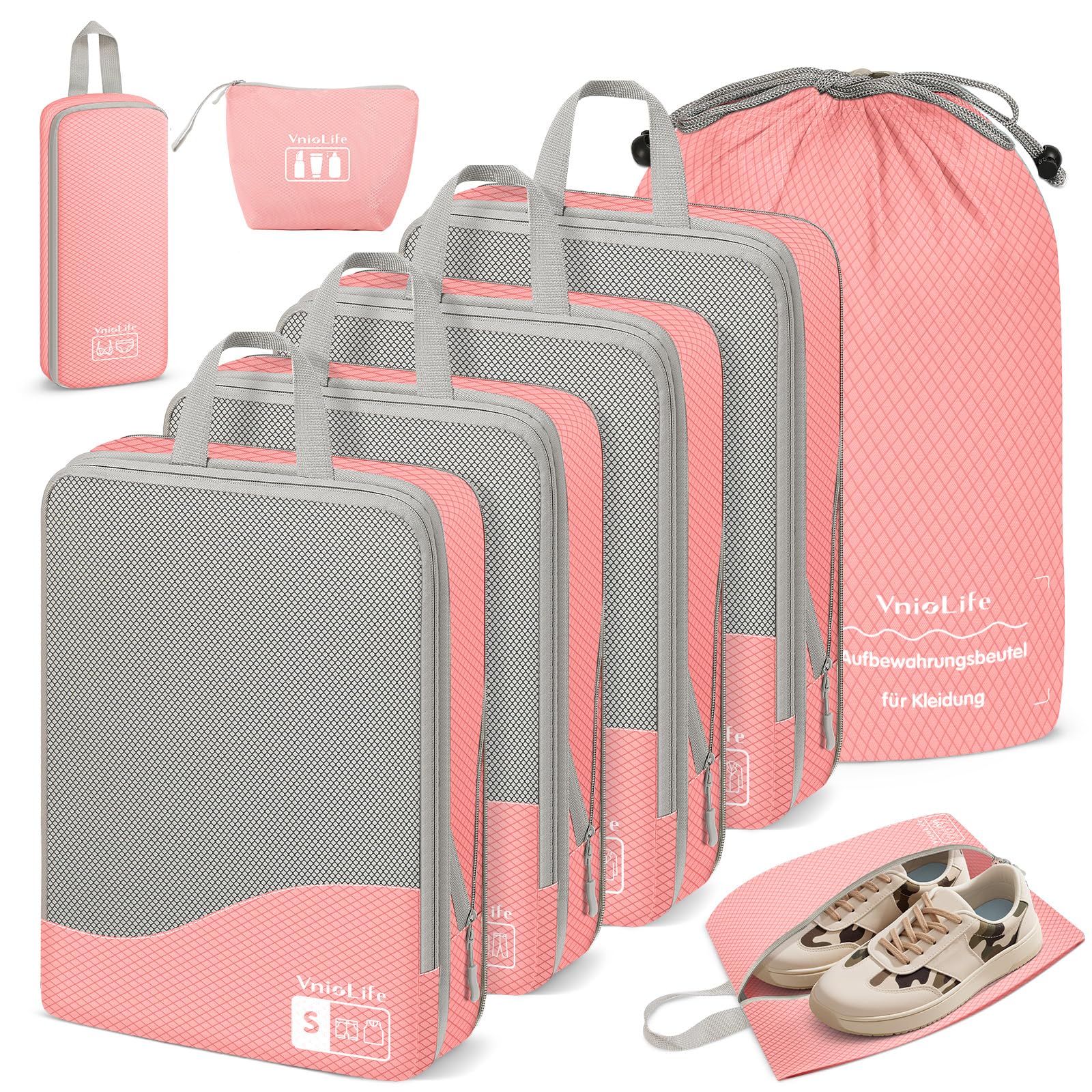 VnioLife 8 × Koffer Organizer Kompression, Compression Packing Cubes, Packwürfel Kompression, Packtasche Wasserdichte, Packing Cubes Backpack, Reise Organizer Set (Rose)