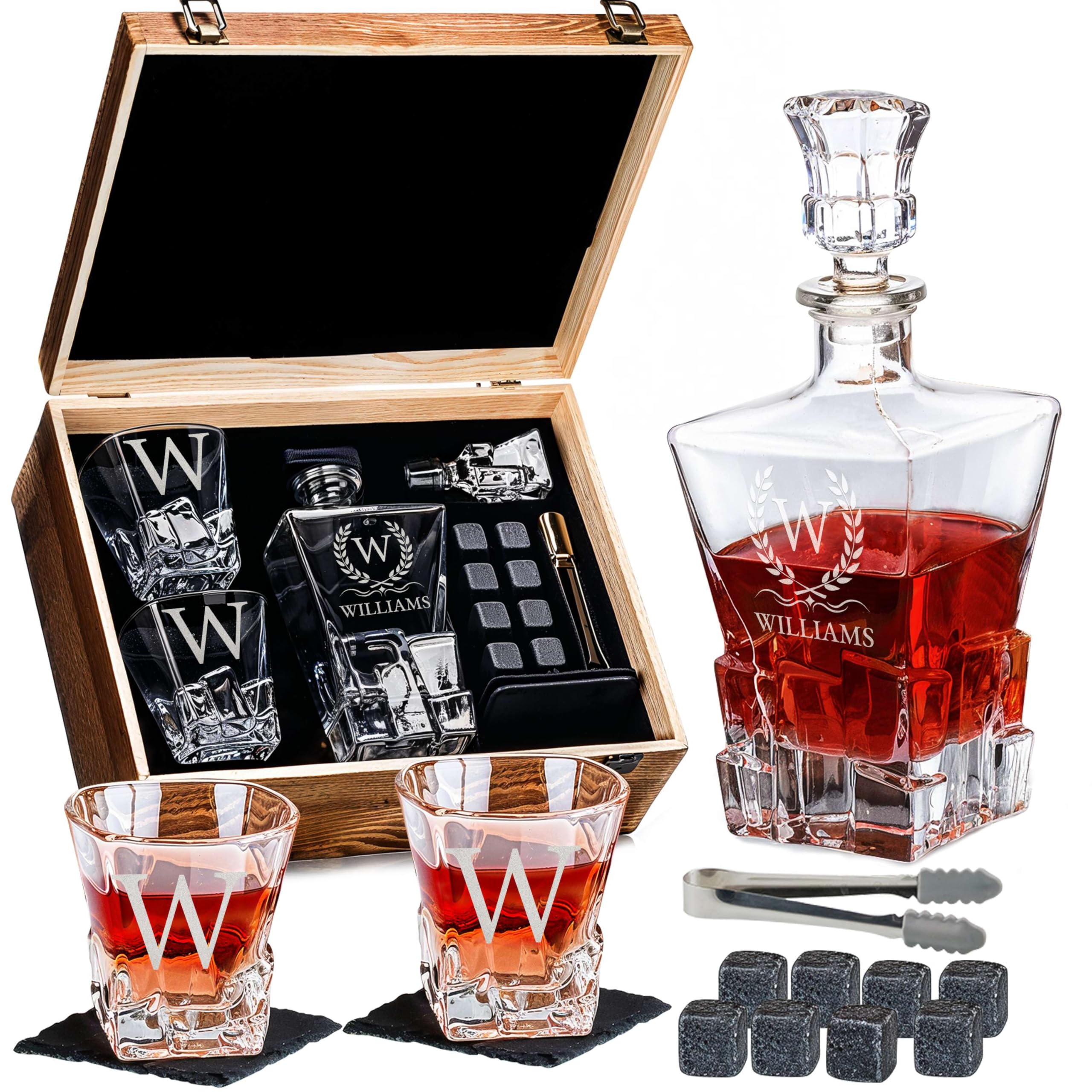 Custom Engraved Monogram Icon Whiskey Decanter Set, Heavy Wood Box