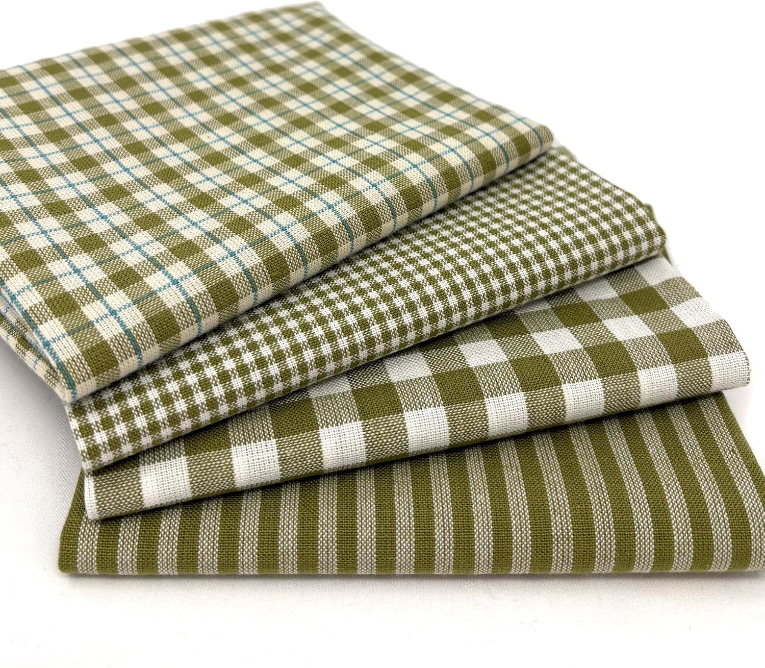 Set of 4 Fat Quarters, Sage Green Assorted Plaid Gingham Cotton Fabric Bundle by JCS