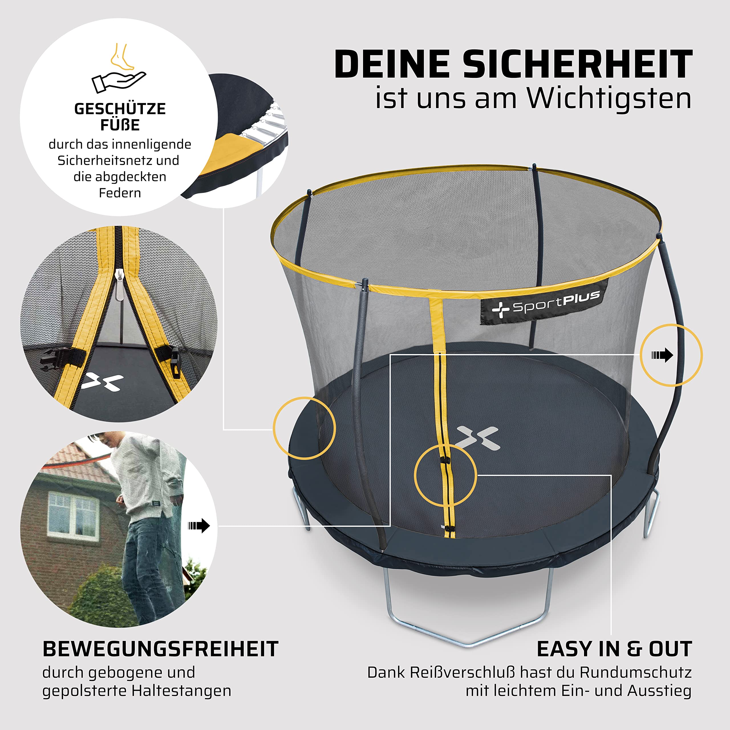 SportPlus Trampolin Outdoor 305cm & 366cm, mit Randabdeckung, Außenstangen & Innennetz, stabile Rahmenkonstruktion, Gartentrampolin, auch für Erwachsene bis 120/150kg - GS Zertifiziert