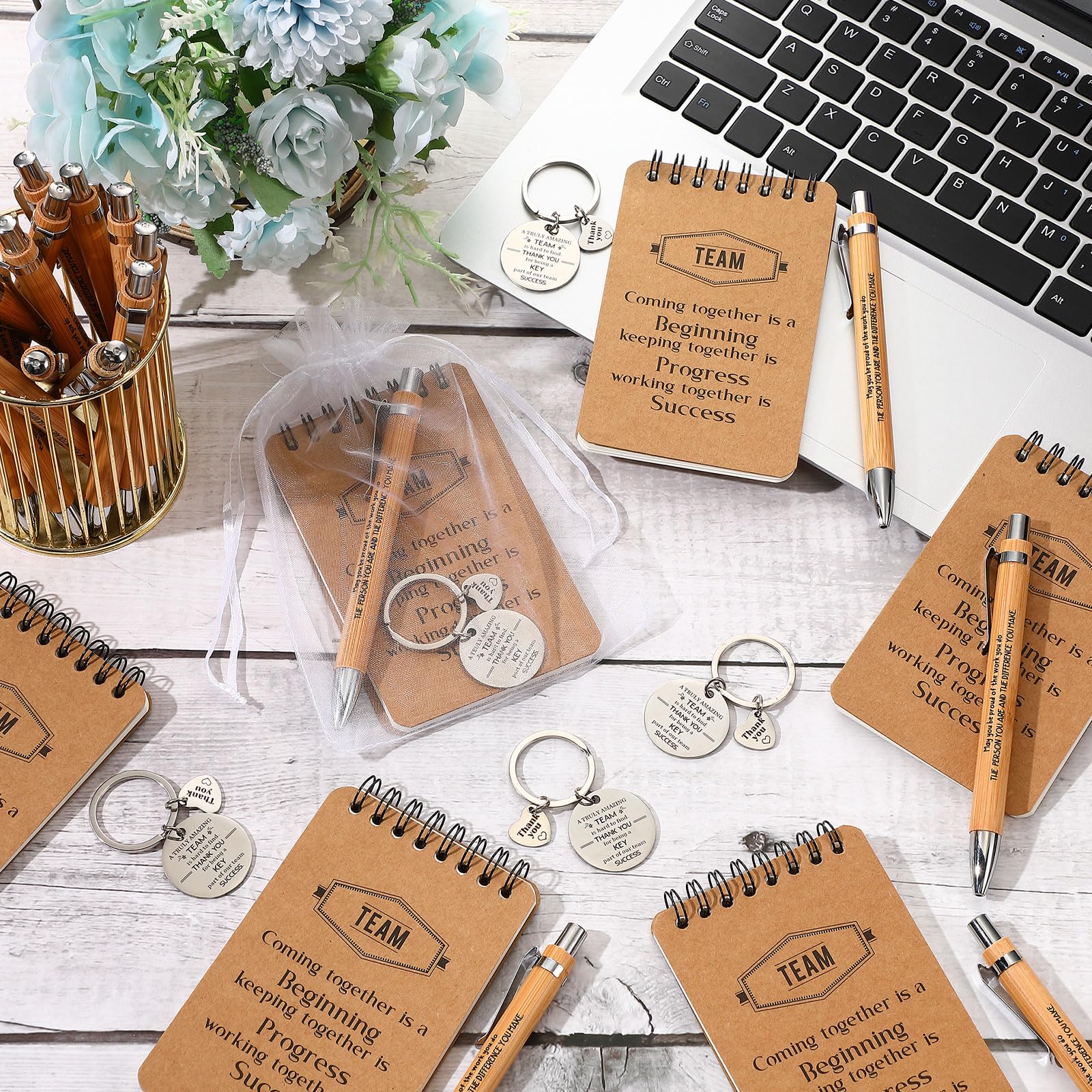 Fulmoon 80 Pcs Employee Appreciation Gifts Set Include Notepad Pen Thank You Keychain Organza Bag, Going Away Retirement Birthday Christmas Team Gift for Member Coworker(Brown,Team)
