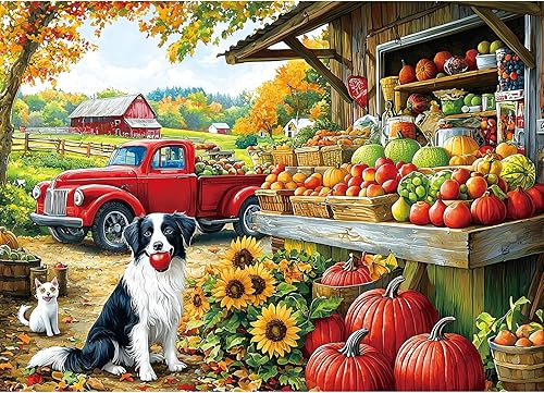 Blueforest Rompecabezas para adultos de 1000 piezas, rompecabezas de otoño del mercado de la granja, rompecabezas familiar imposible, difícil,