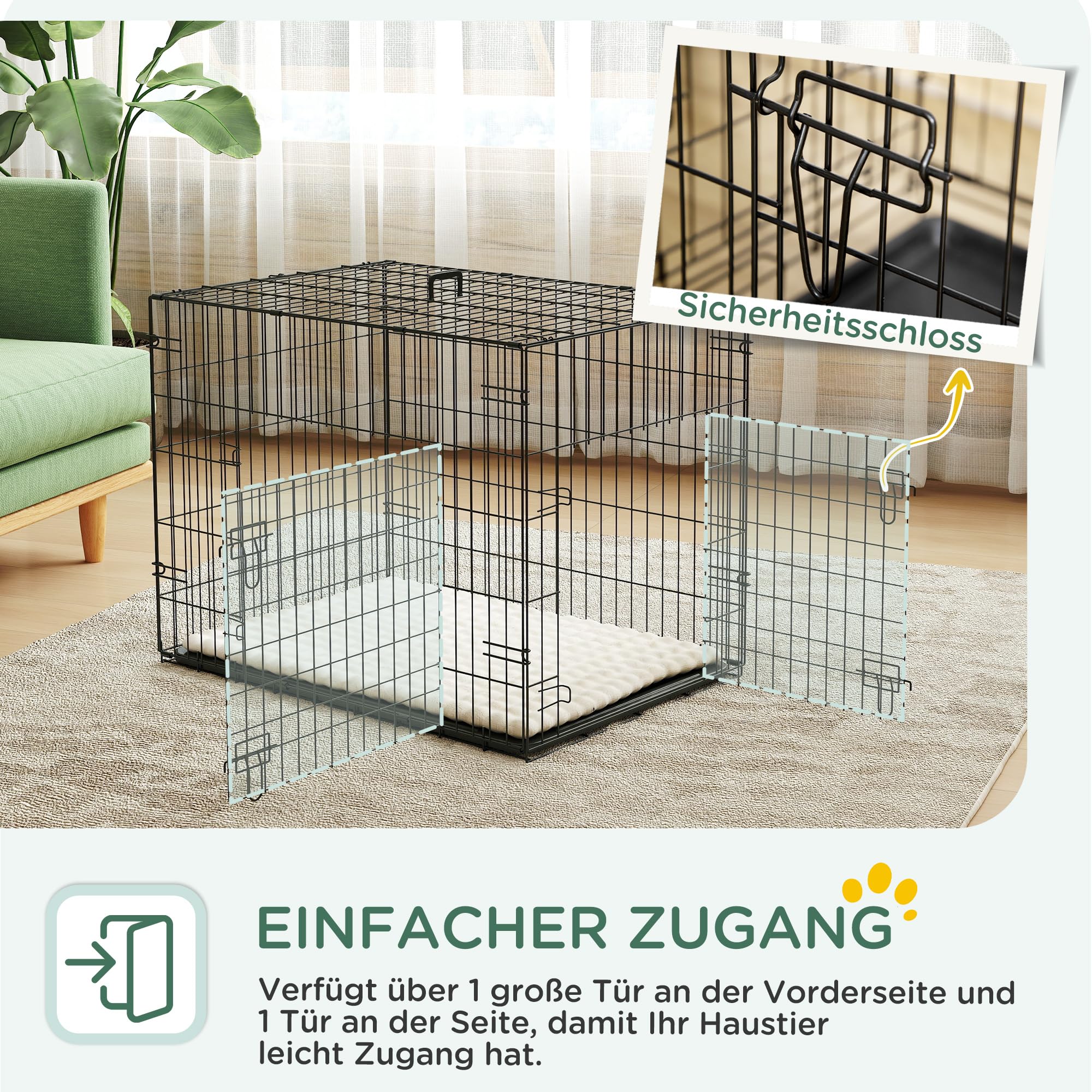 PawHut Hundekäfig klappbar Hundebox mit 2 Türen, Transportkäfig mit ausziehbare Bodenschale Kissen Hundetransportbox Drahtkäfig für kleine Hunde 75 x 48,5 x 53 cm Schwarz