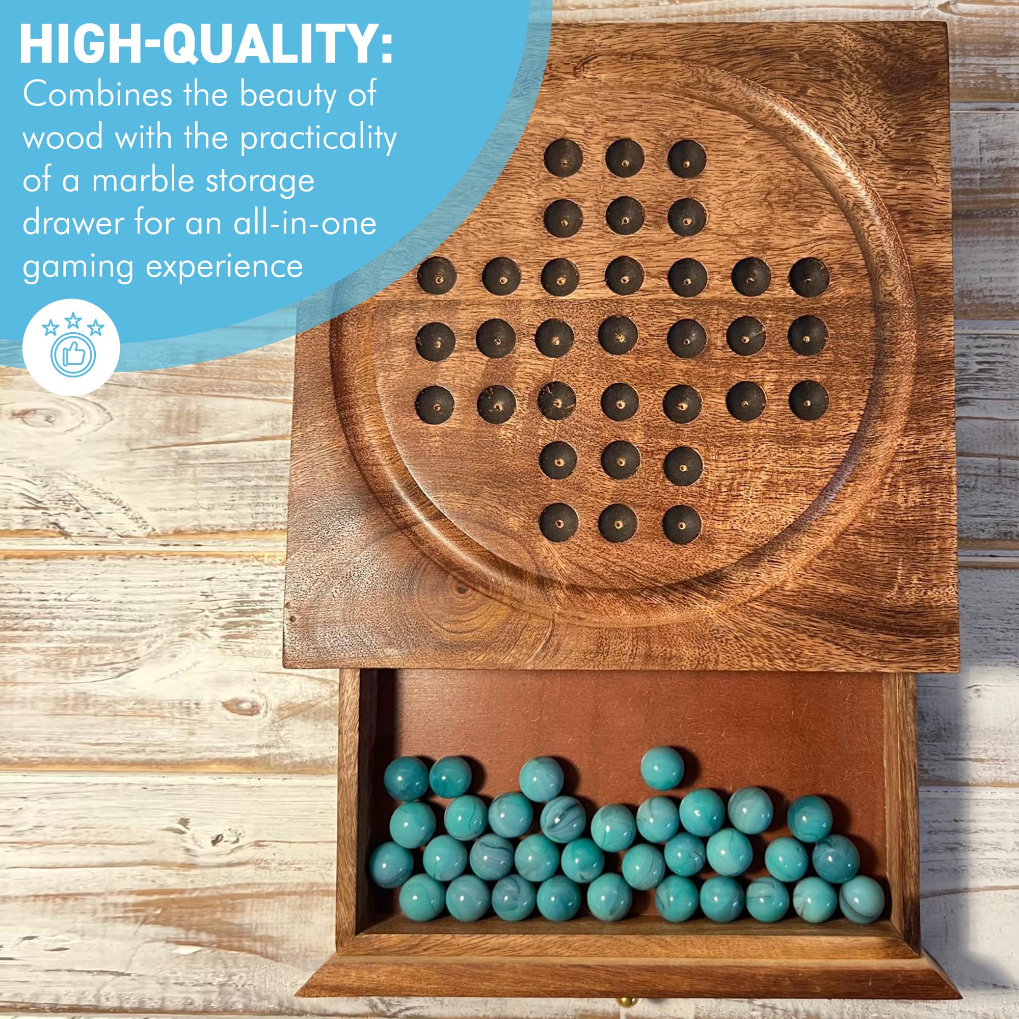 Solitario de madera con cajón para guardar canicas, juegos de viaje, juegos estratégicos y tradicionales, perfecto para adultos y diversión familiar