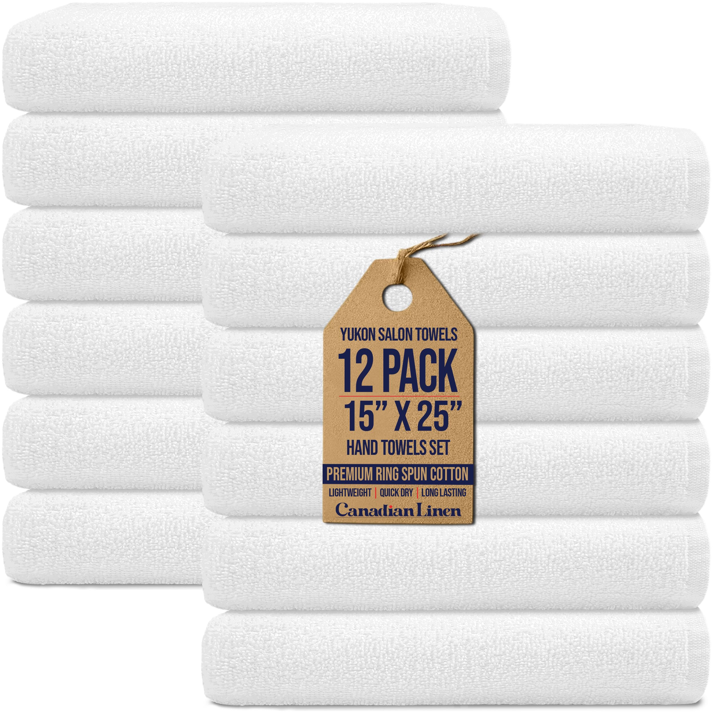 Canadian Linen Yukon Salon Hand Towels, 12 Pack 15"x25" White, Soft Absorbent Quick Dry Cotton for Spa Gym Home
