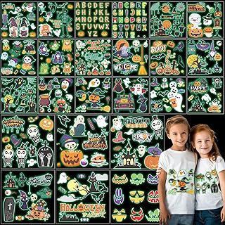 24 Sheets Halloween Iron on Transfers Decals Patches for Clothing Glow in Dark Halloween Heat Transfer Halloween Pumpkin Heat Transfer Stickers for Kids T-Shirt Hat Bag DIY Supplies Decorations