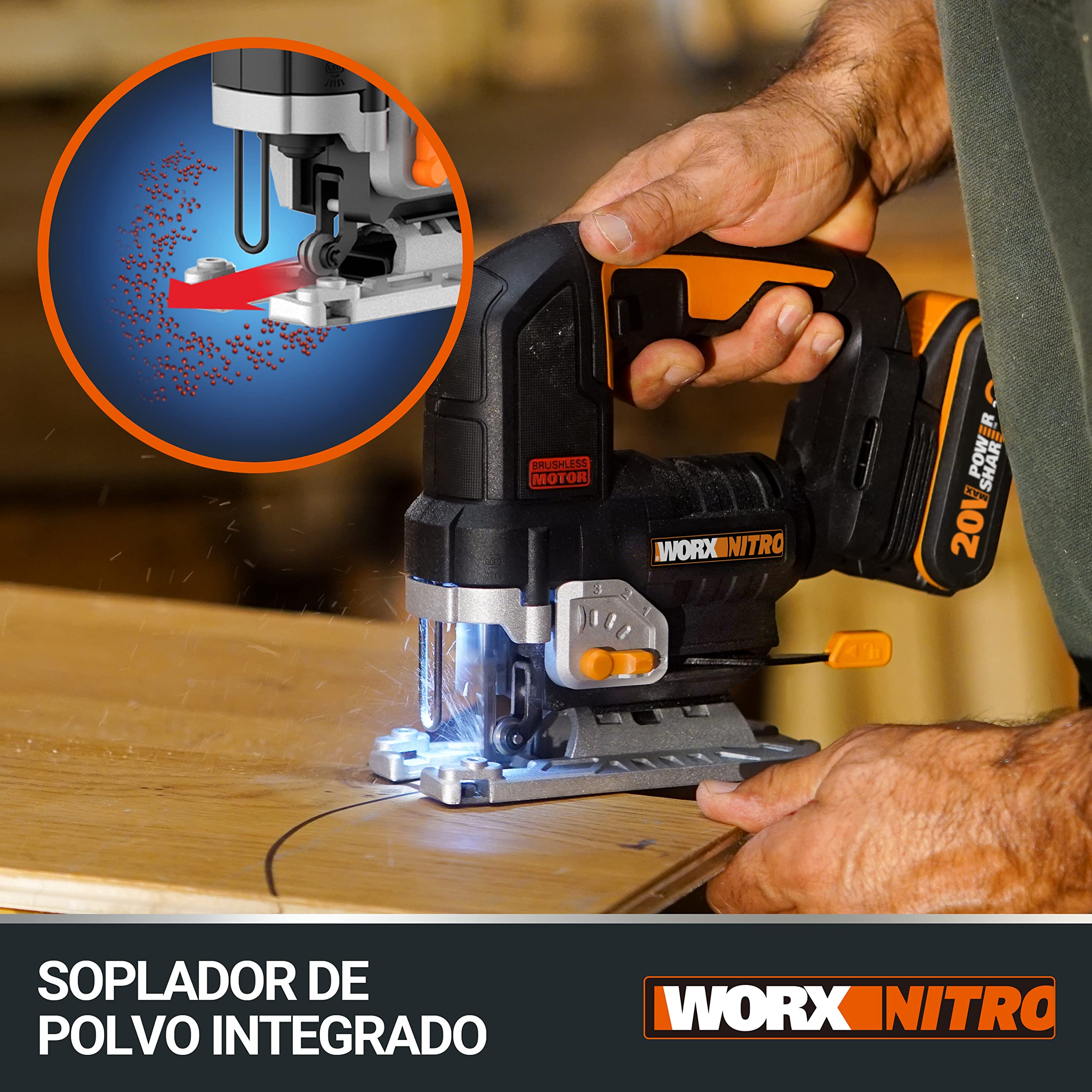 WORX Sierra de calar 20V | Power Share | WX542.9 Potente motor sin escobillas | 3 posiciones, penduleo y tubo de aspiración | sin batería ni cargador | Caja de cartón
