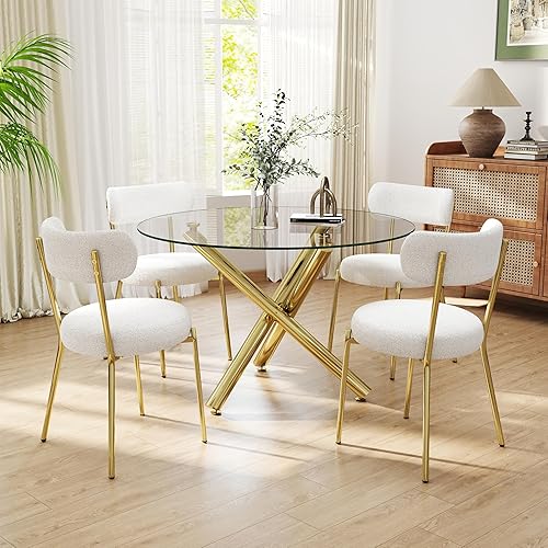 Juego de 4 mesas de comedor redondas de vidrio de 39 pulgadas, mesa de cocina moderna dorada con 4 sillas de comedor tapizadas en oro blanco, mesa
