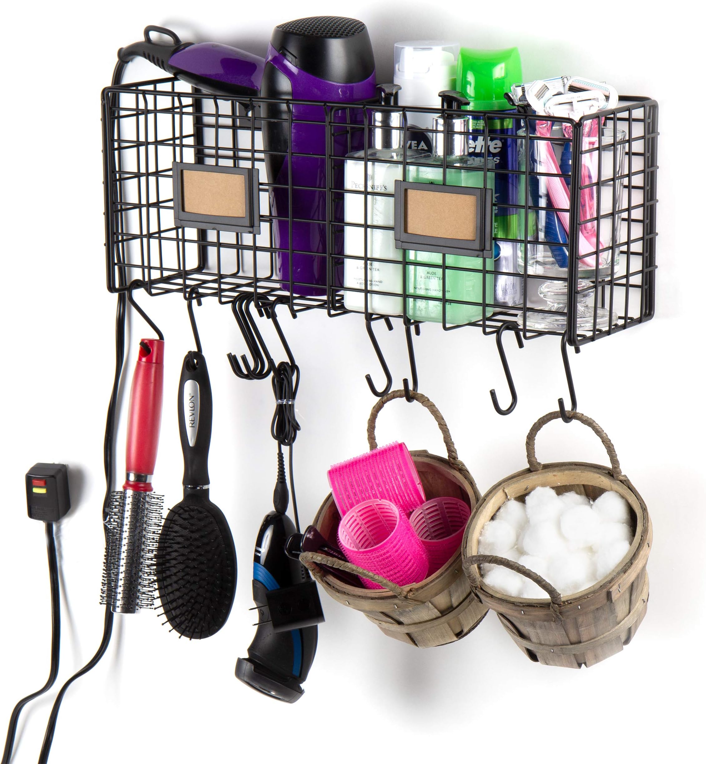 Wall35 Amalfi Bathroom Organization and Storage Basket Wall Mount Hair Products & Tool with 10 Hooks, Black