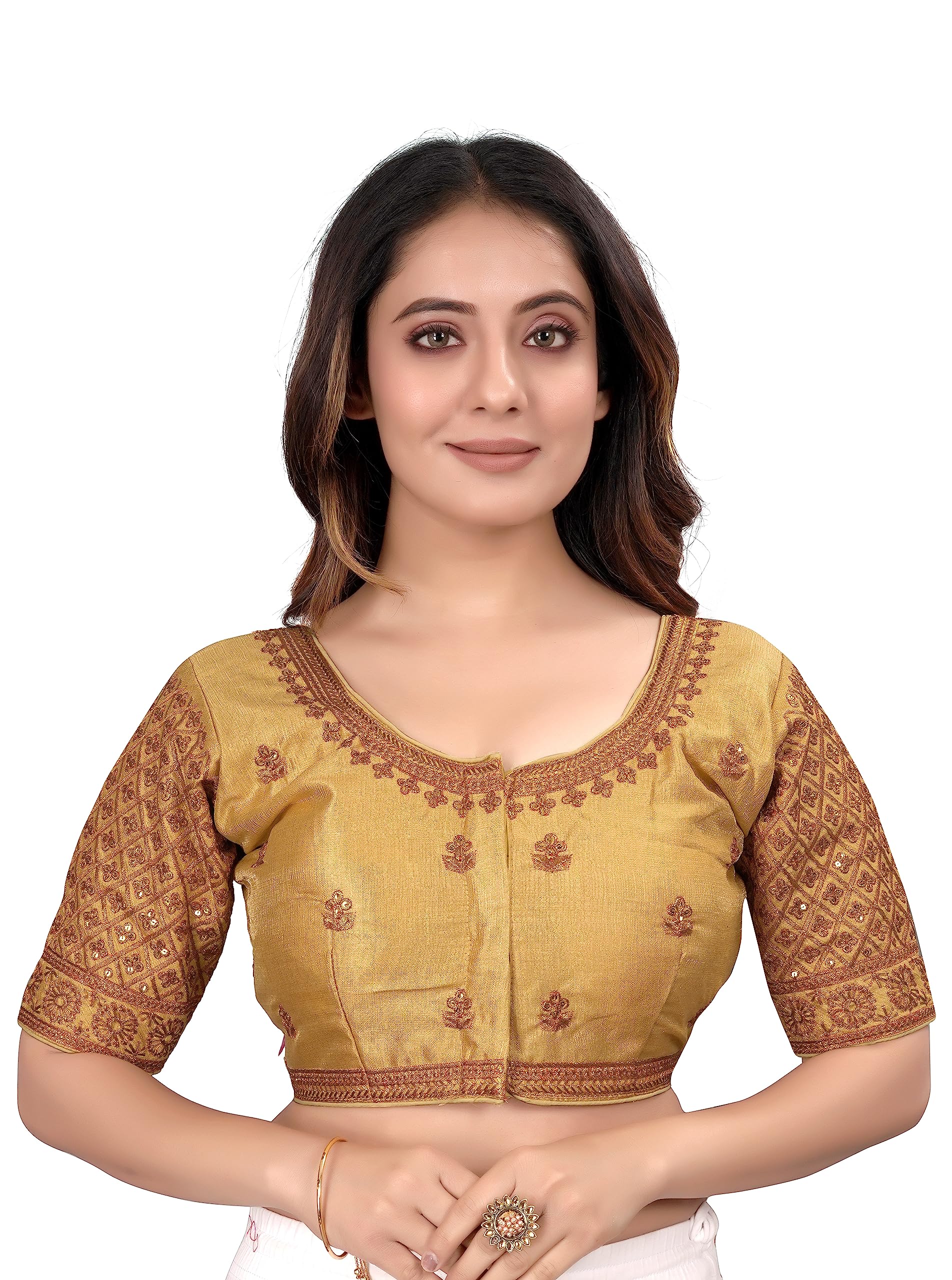 Milan Silk Golden Zari Embroidery with Sequins Work Elbow Length Saree Blouse (Delta)-image-36