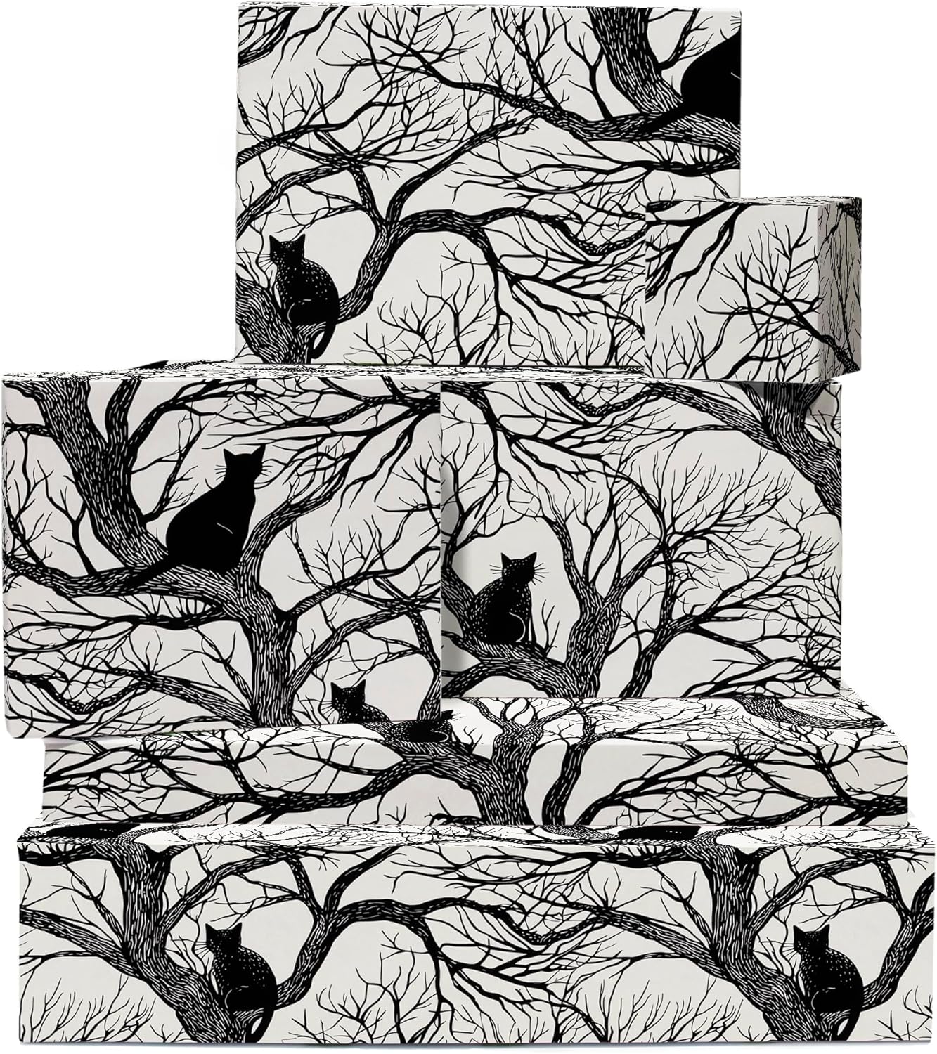 Black cat Halloween gift wrap with playful illustrations