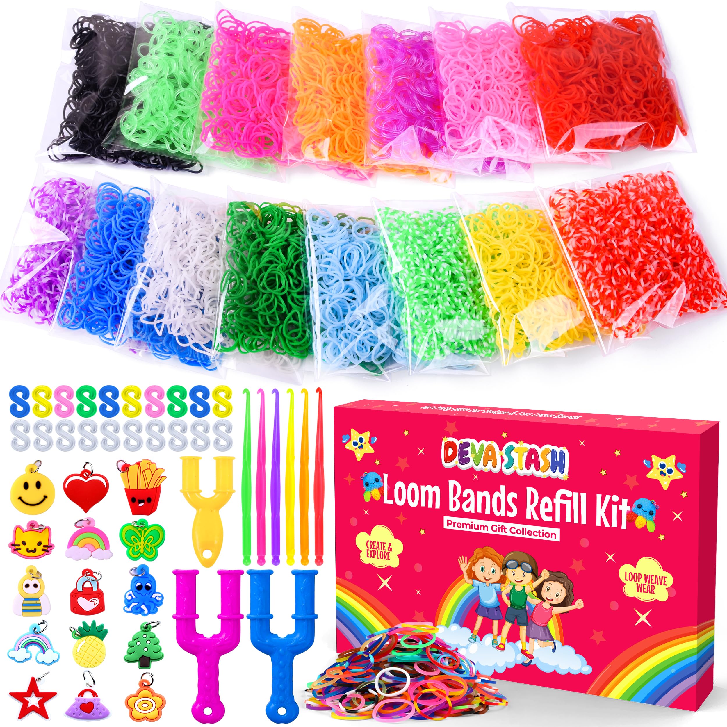 Deva Stash Girls Multi Colour 7000+ Loom Bands Refill Kit, Loom Twist Rubber Bands For Diy Bracelet Making Craft Kits With More Accessories (Refill)
