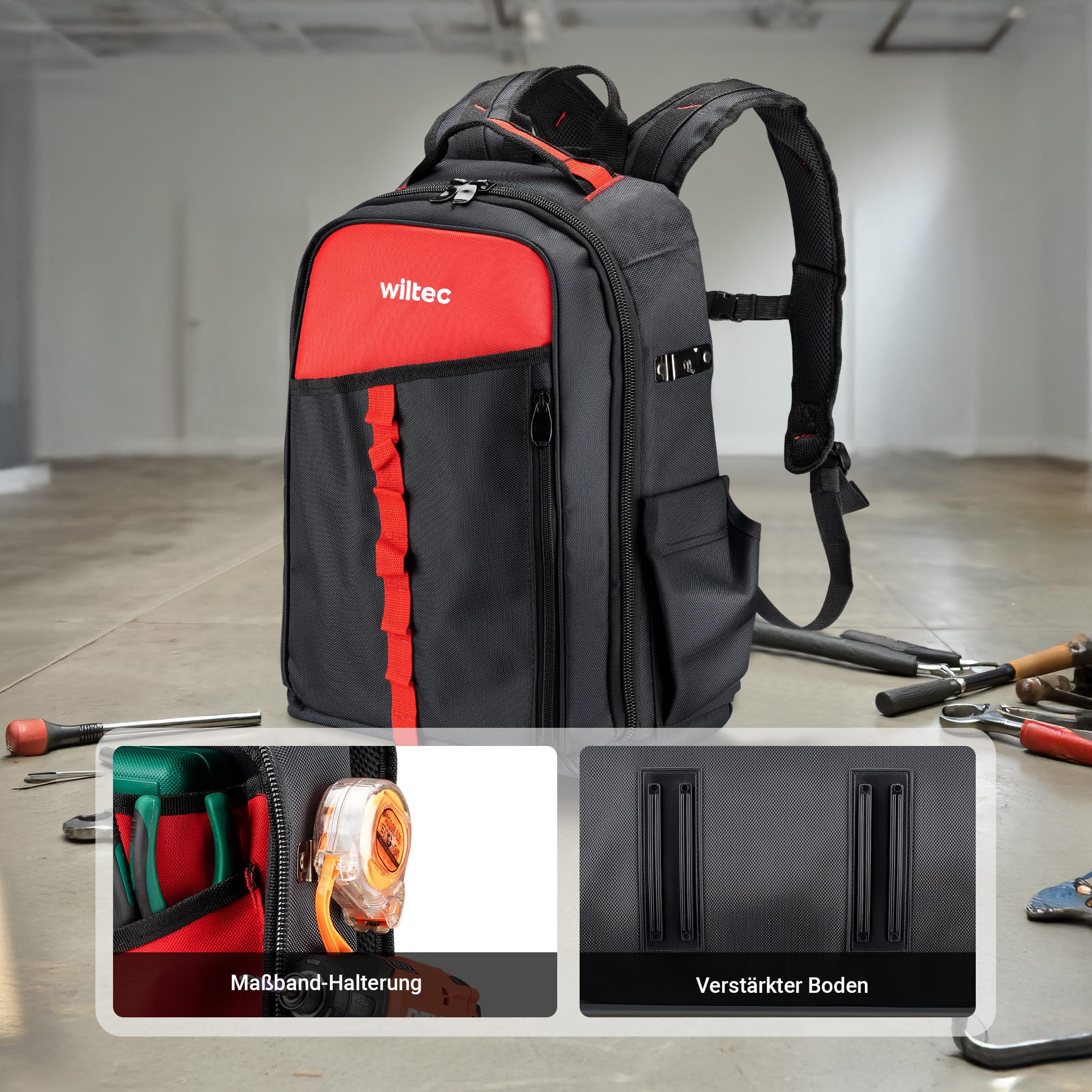 Wiltec Werkzeugrucksack 33 x 20 x 43 cm bis 30 kg, Werkzeug Tasche 16 Fächer, Werkzeug Rucksack gepolstert, robuste Werkzeugtasche